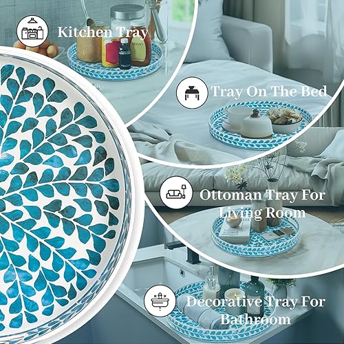 Miniatura 7 de MAONAME Bandeja decorativa blanca para mesa de café, bandeja moderna de mármol de 13 pulgadas con asas, bandeja redonda de plástico para otomana,