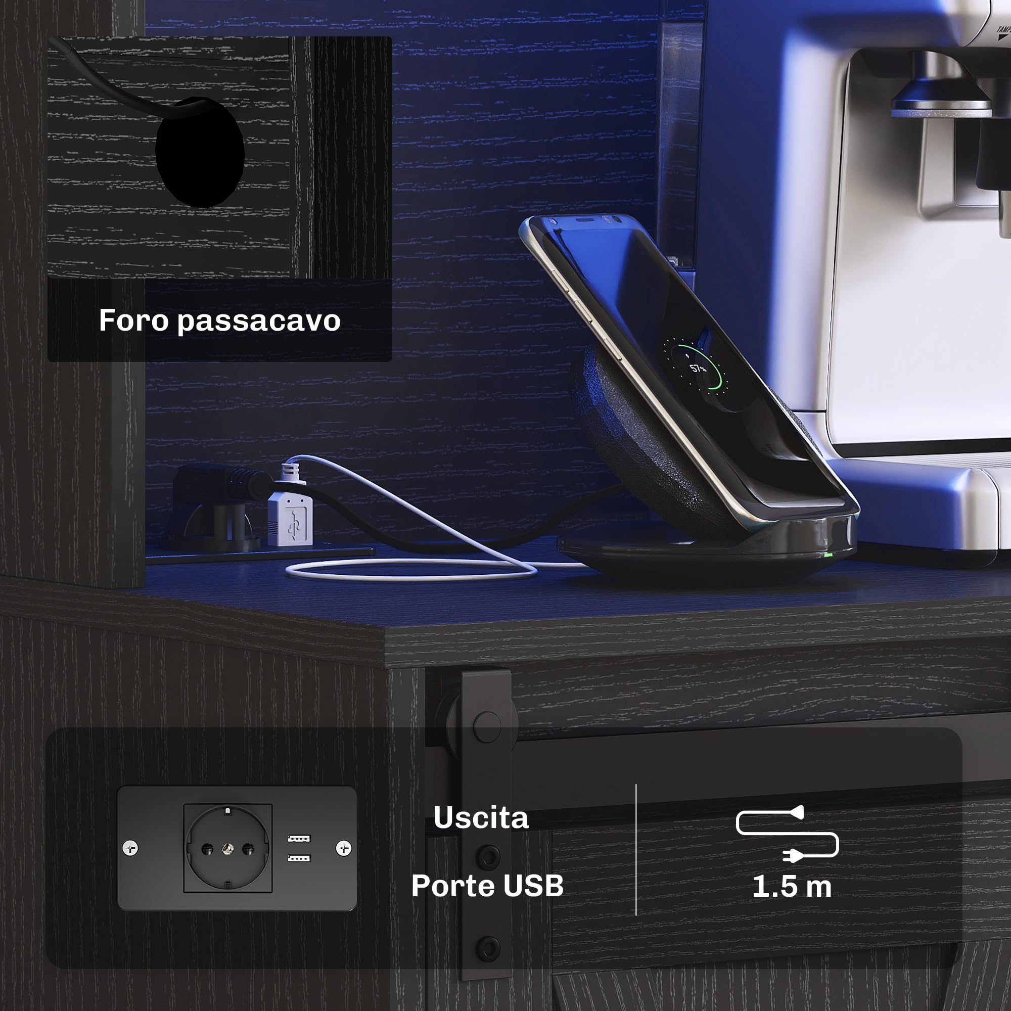 HOMCOM Credenza Cucina, Mobile Dispensa con Prese di Ricarica, Luci LED Regolabili, Portabottiglie Rimovibile per 6 Bottiglie, Mobile Buffet Ripiani Aperti, Ante Scorrevoli, per Sala da Pranzo, Nero