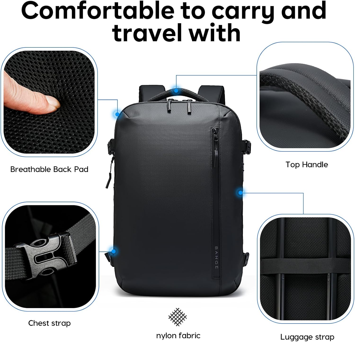 BANGE Travel Backpack with 15.6 Inch Laptop Compartment & TSA Lock for Men and Women, Water-Resistant Large Carry-On, Flight Approved,Black - Image 5