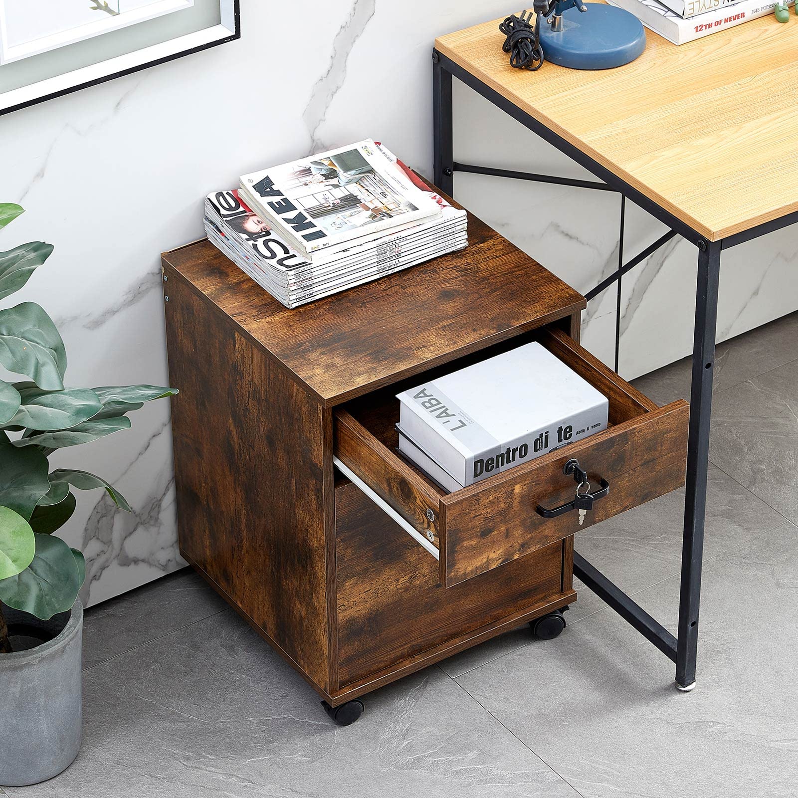 CLIPOP Rollcontainer Abschließbare Aktenschrank Holz Schublade Aktenschrank mit 1 geschlossenem Speicher und 4 Rolling Wheels, Mobile unter Schreibtisch Schrank für A4 Papier und Aktenordner