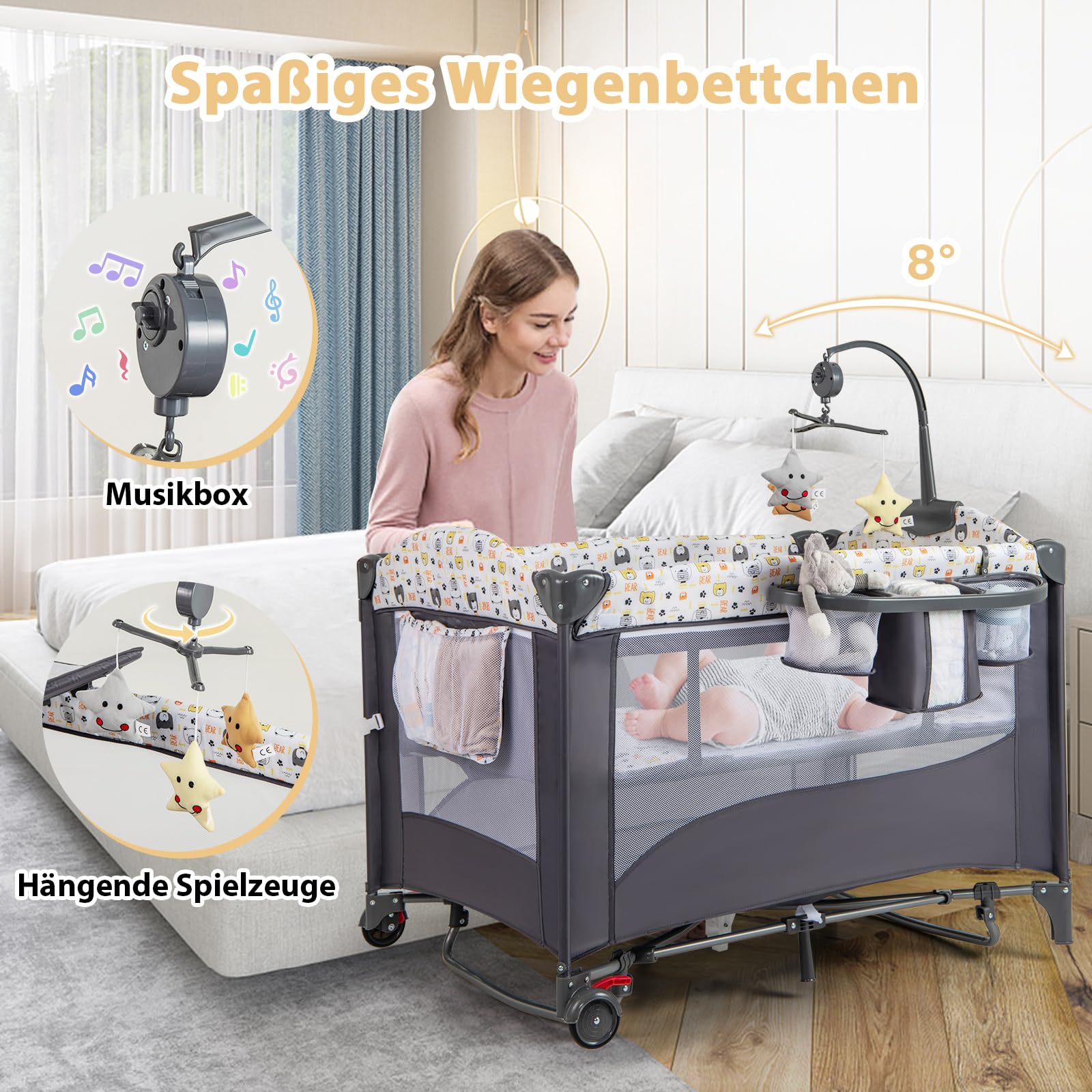 DREAMADE Reisebett mit Matratze, 5 in 1 Beistellbett Baby mit Rollen & Wickelauflage & Spieluhr, 110×76cm Babybett mit Tragetasche, für Neugeborene & Baby (Bunt)