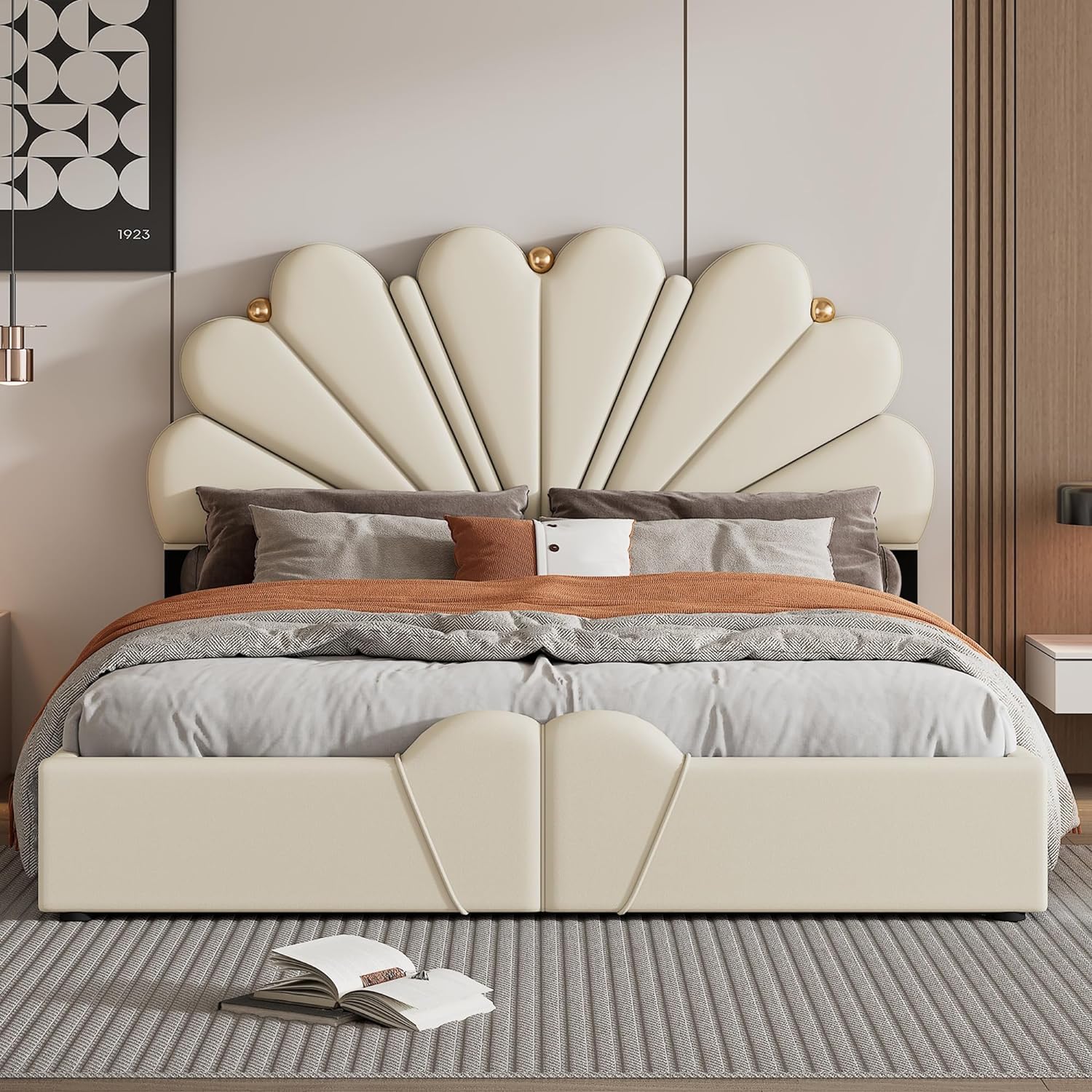 Teddy Fleece Full Size Upholstered Platform Bed with Thick Fabric, Solid Frame and Stylish Curve-Shaped Design, Wooden Slat Support, No Box Spring Needed (Gray-Fleece#F),Bed frane INCOMPLETE 