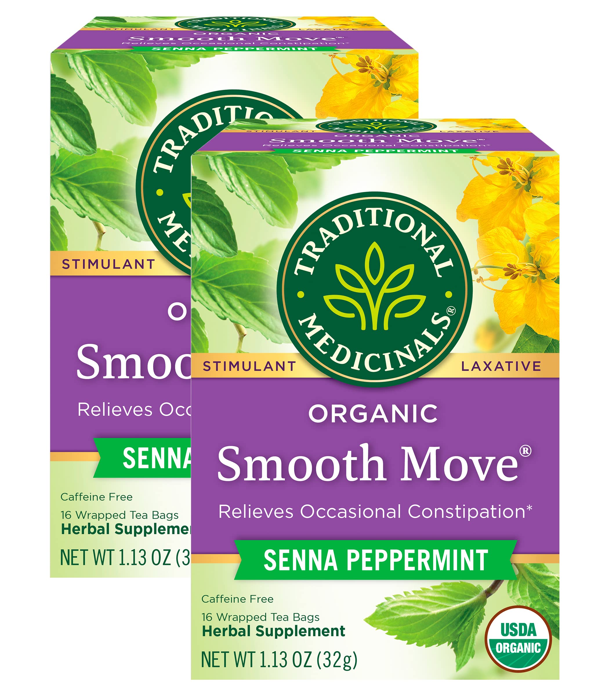 Traditional MedicinalsOrganic Smooth Move Senna Peppermint Herbal Tea, Relieves Occasional Constipation, (Pack of 2) - 32 Tea Bags Total