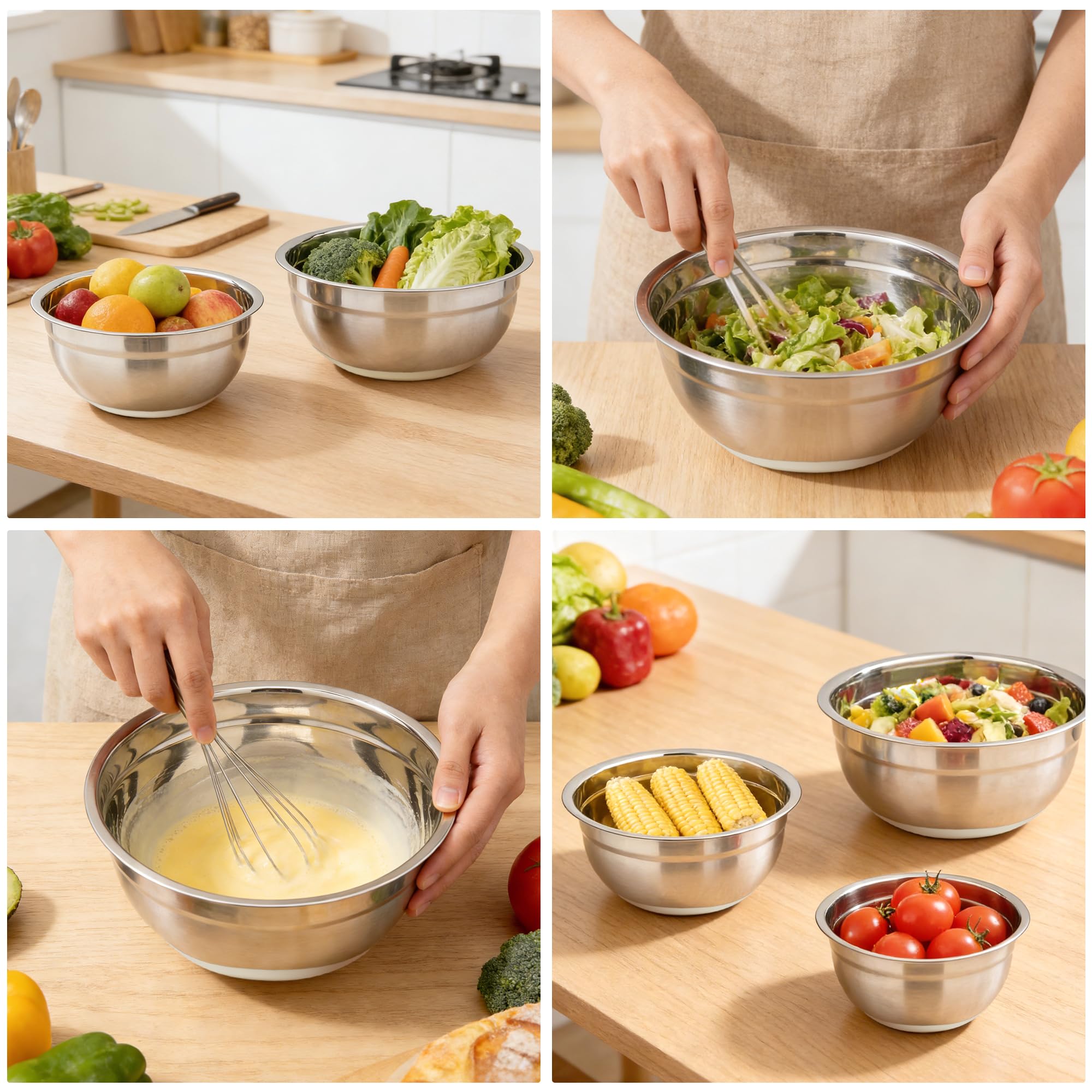 Fire More Set 5 Ciotole Acciaio inox Cucina 4L/2,8L/1,8L/1,5L/1L | Insalatiera con Coperchio e 3 Grattugie, Antiscivolo Ciotole Cucina per Insalata Impilabili, Preparare e Conservare