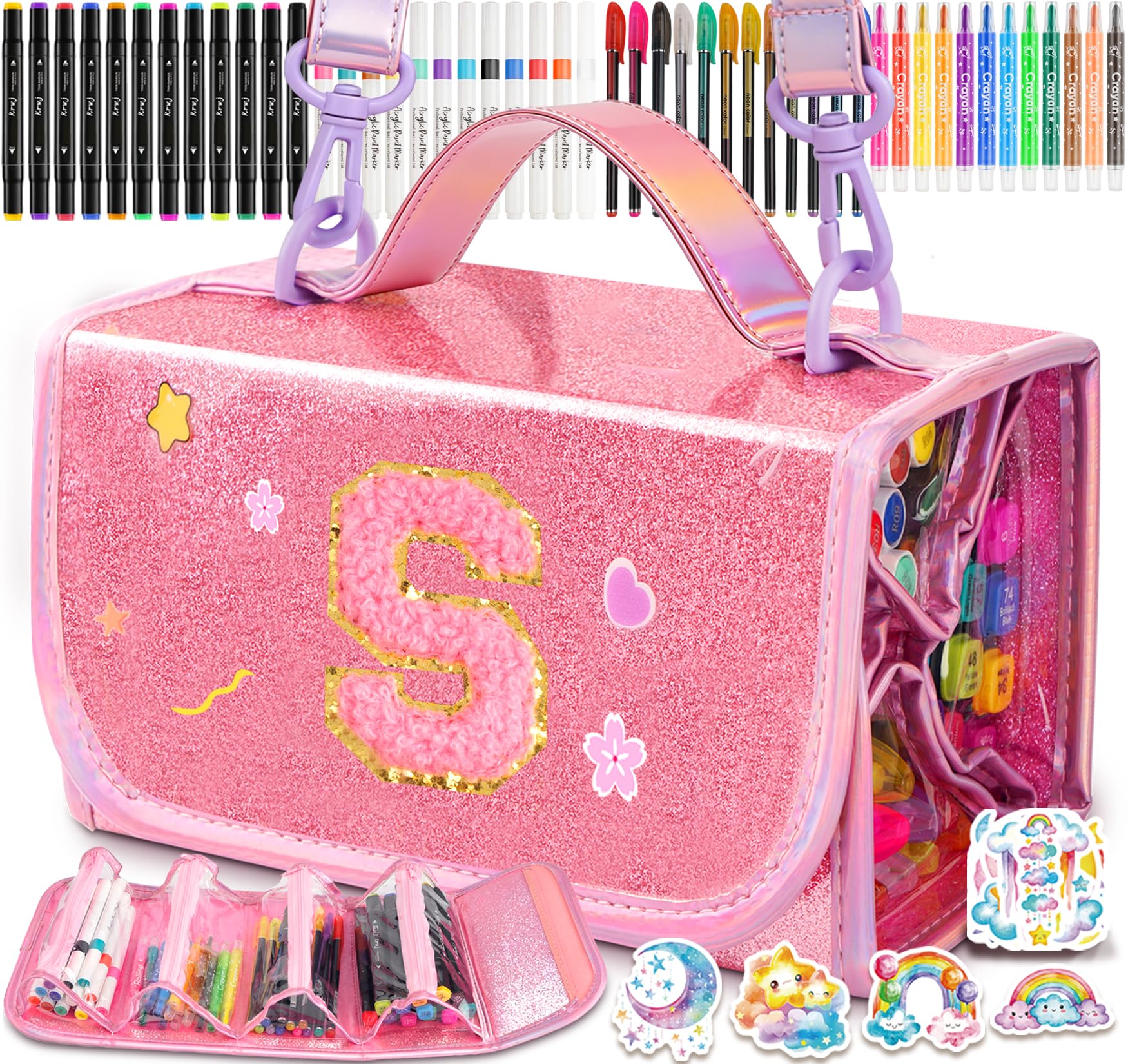 SHXWELL 69 PCS Initial Washable Scented Markers Set with Glitte Pencil Case Shoulder Strap, Personalized Art Supplies and Crafts for Kids Ages 4-6-8, Birthday Gifts for Girls Coloring Markers Set(S)