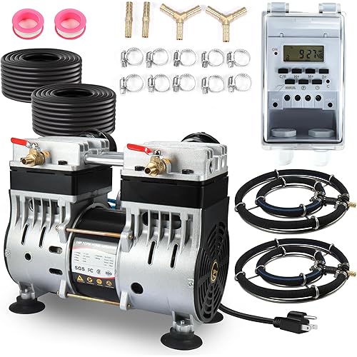 Goldlife Pond Aerator, 1HP 750W 110V/120V 7CFM Aerartion System for Up to 5 Acre Lake, With Air Compressor & 2 100FT Tubings & 2 Diffusers & Timer, for Outdoor Ponds Water Oxygen Circulation
