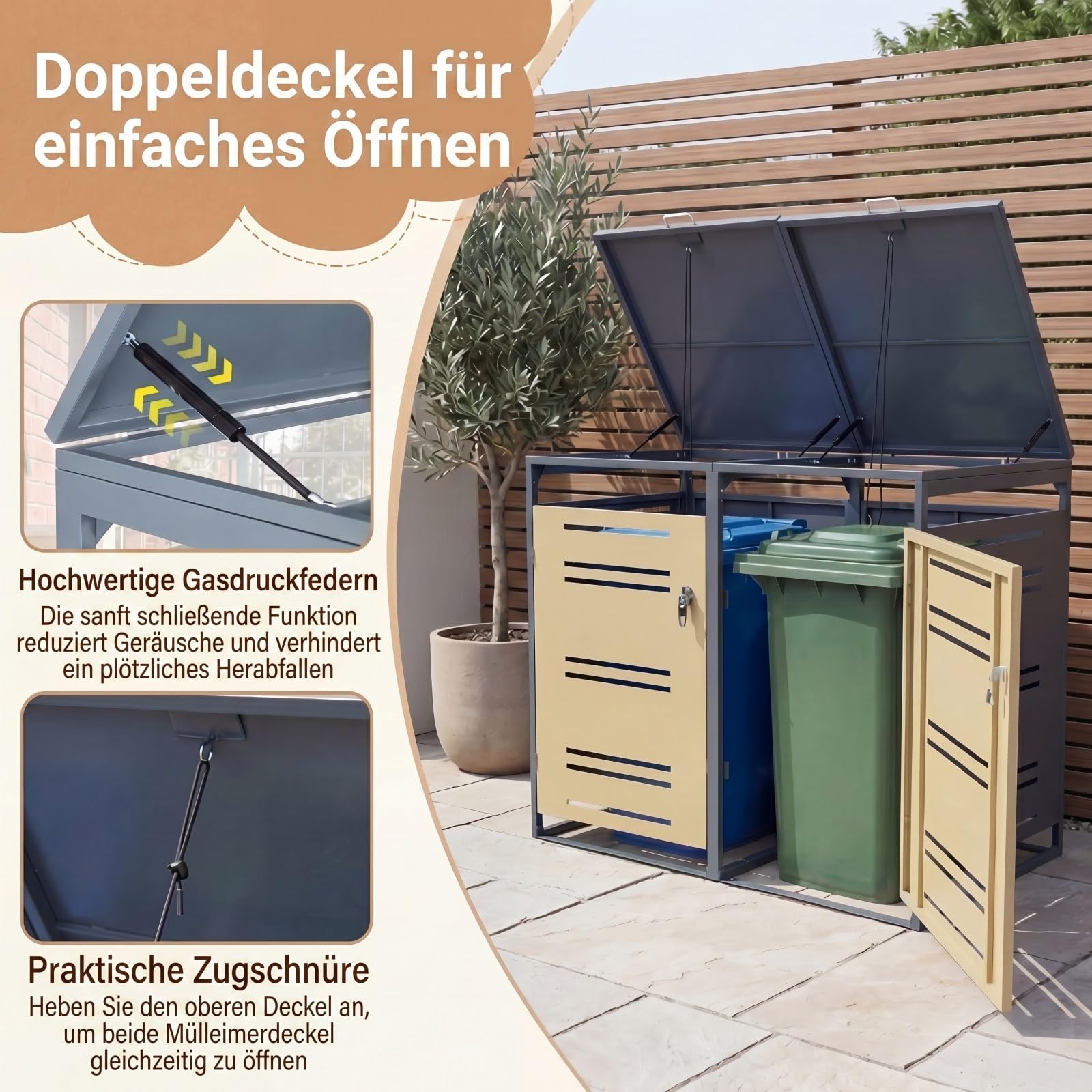GYMAX Mülltonnenbox 2er, Mülltonnenhaus für 2X Tonnen 120-240 Liter, Mülltonnenverkleidung mit abschließbarer Tür & Gasdruckfeder, Mülltonnenhäusschen, Mülleimerboxen, Aufbewahrungsbox (Grau+Gelb)