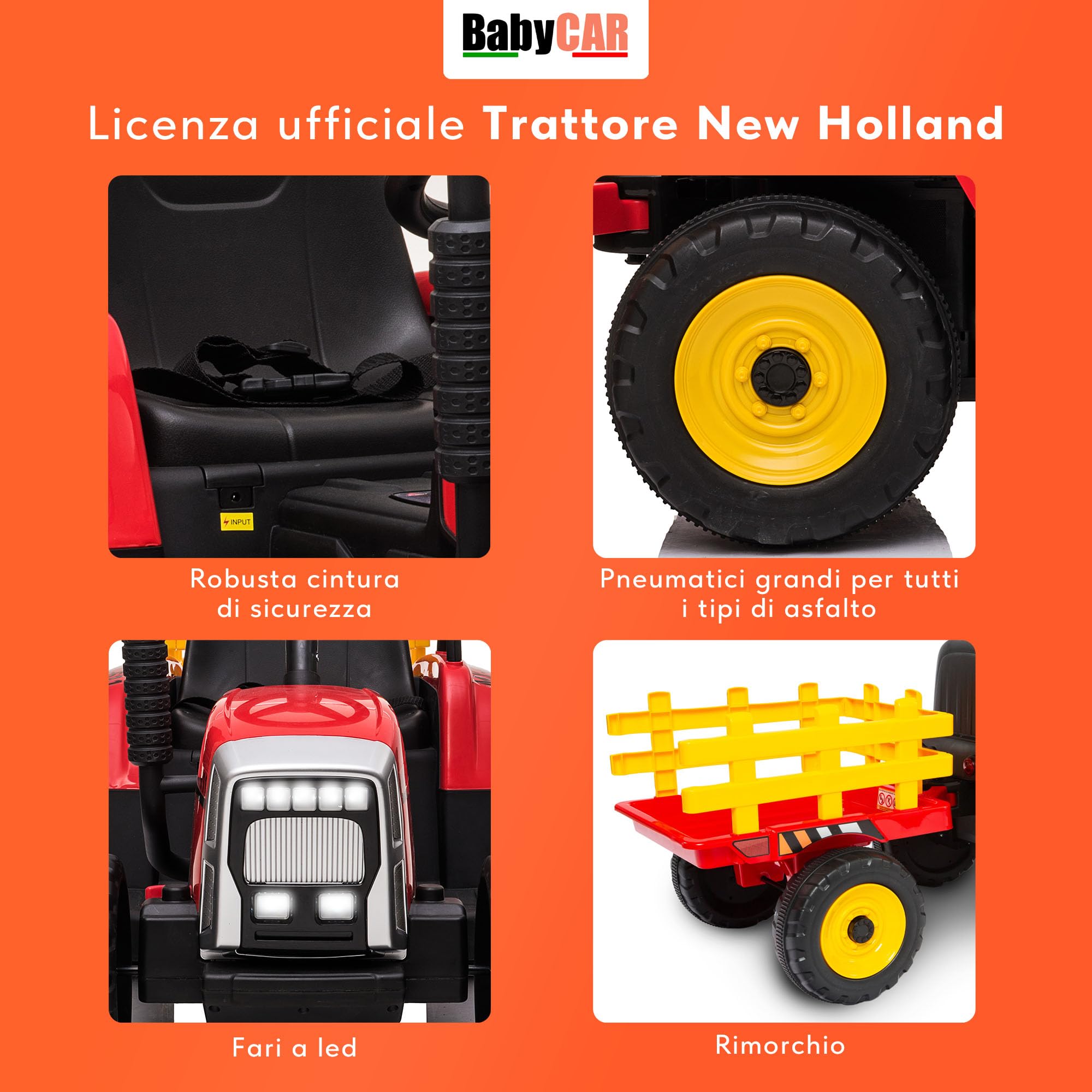 BABYCAR Trattore Elettrico per Bambini con Rimorchio (Rosso) – Macchina elettrica per Bambini, Batteria 12V, 2 motori, Trattore Elettrico con Luci e Telecomando