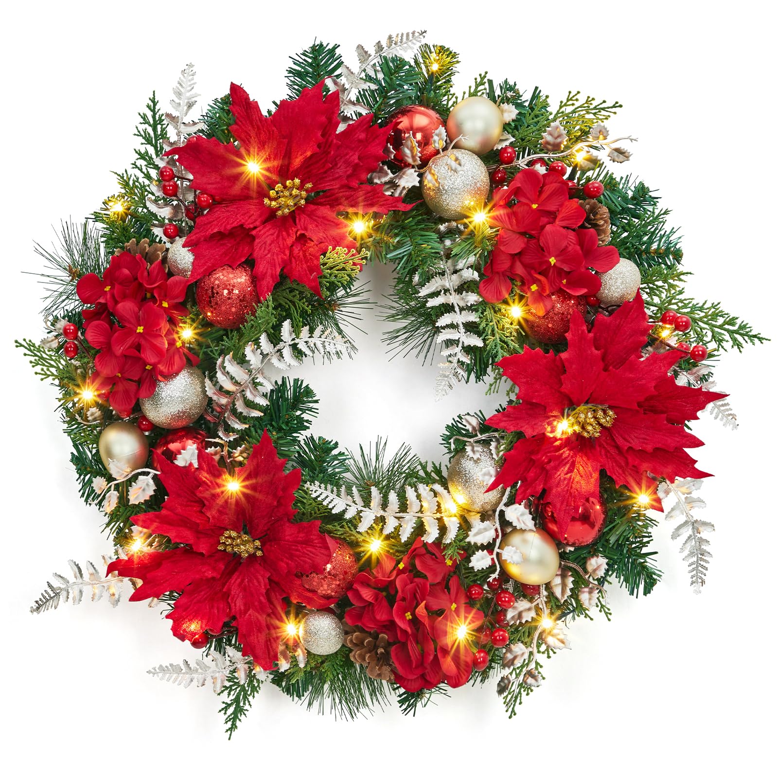 Corona de Navidad preiluminada para puerta delantera, corona de Navidad grande de 24 pulgadas para decoración navideña, corona iluminada de Navidad a pilas con flor, adornos de bola y 20