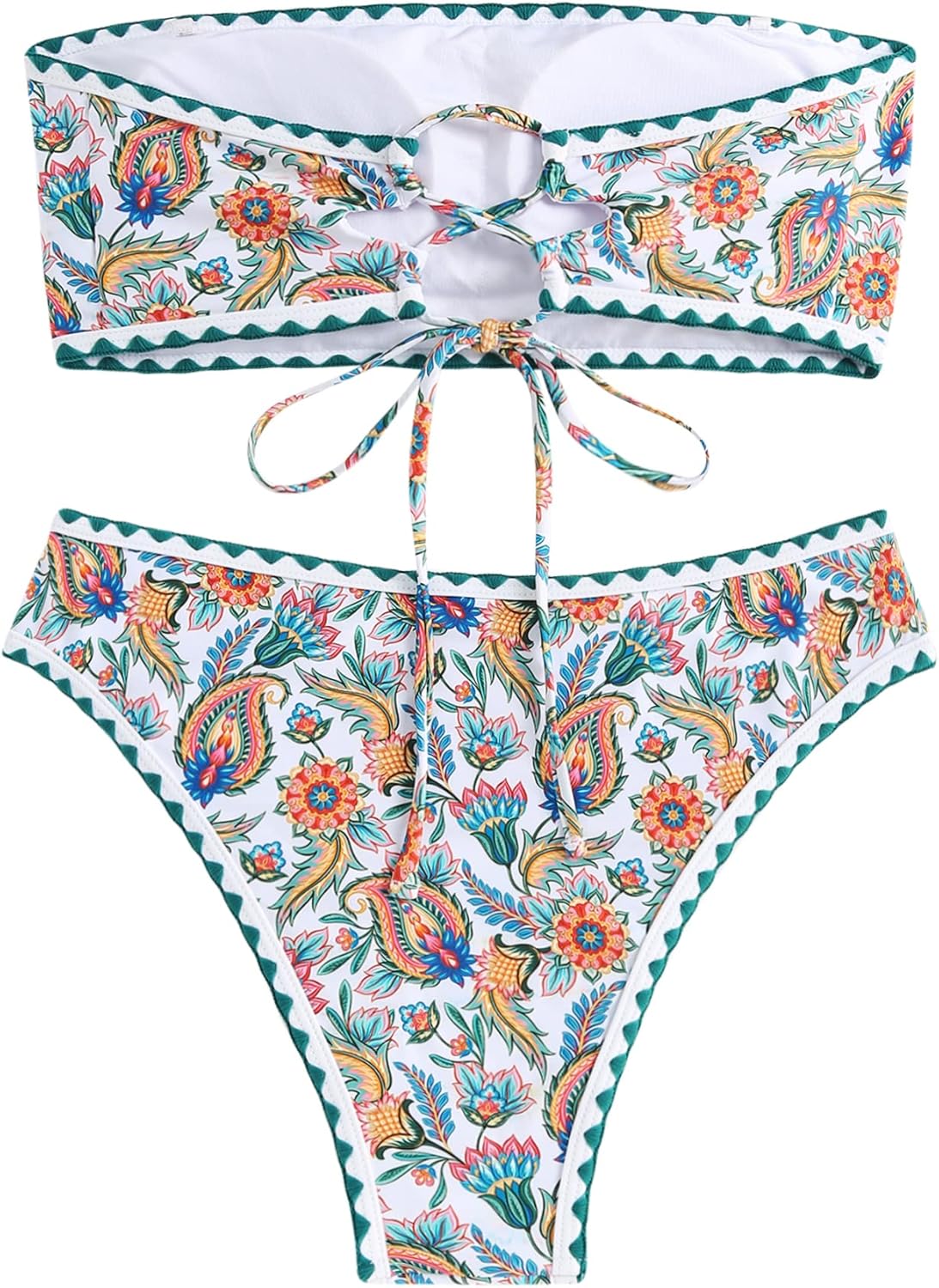 ZAFUL Women Strapless Textured Bandeau Bikini 2 Piece Swimwear Cheeky Solid Lace up Bathing Suits - Image 3