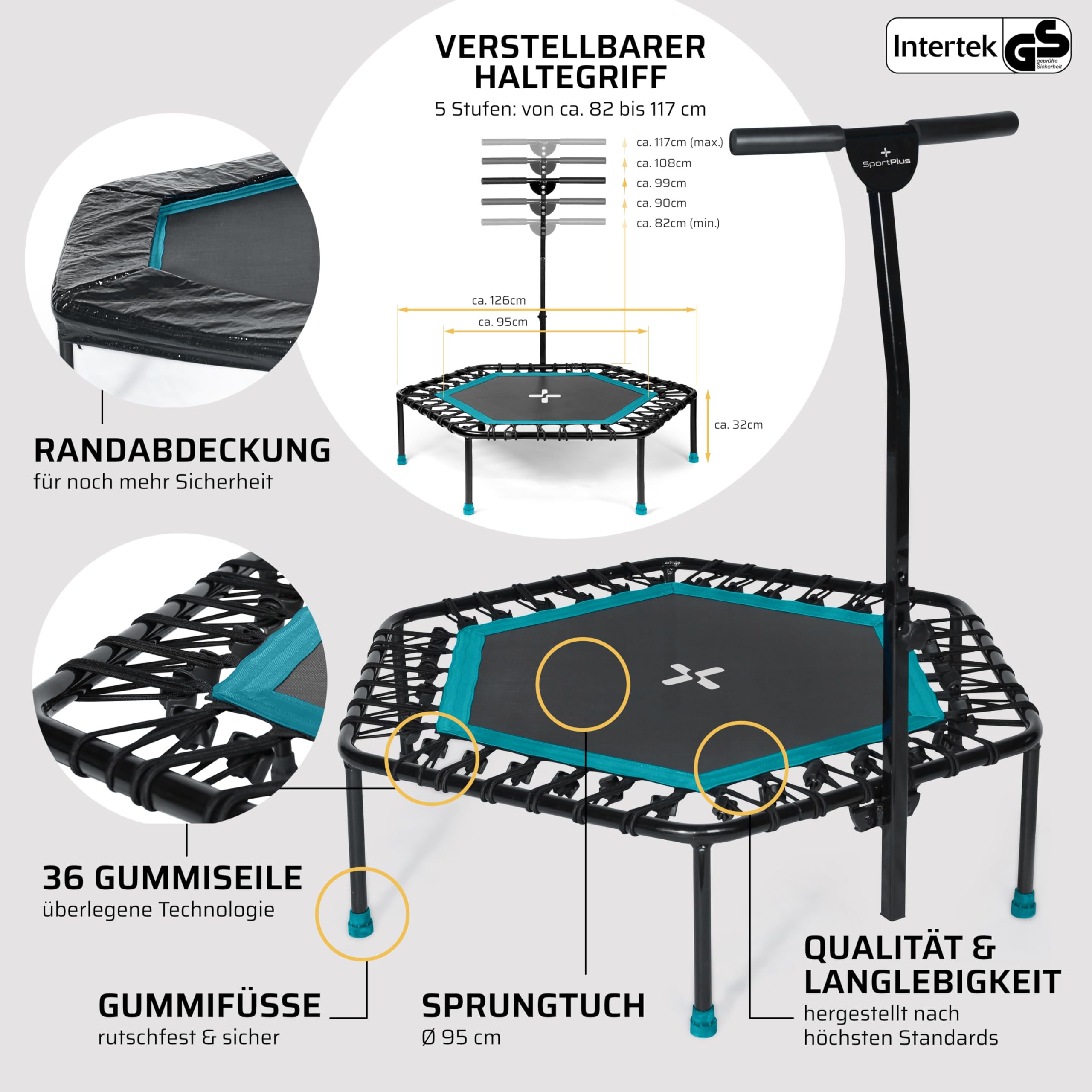 SportPlus Fitness Trampolin Indoor für Zuhause, Trampolin mit Haltestange höhenverstellbar, Gummiseilfederung, Workout & Cardiotraining, Premium-Qualität Designed in Germany 130kg