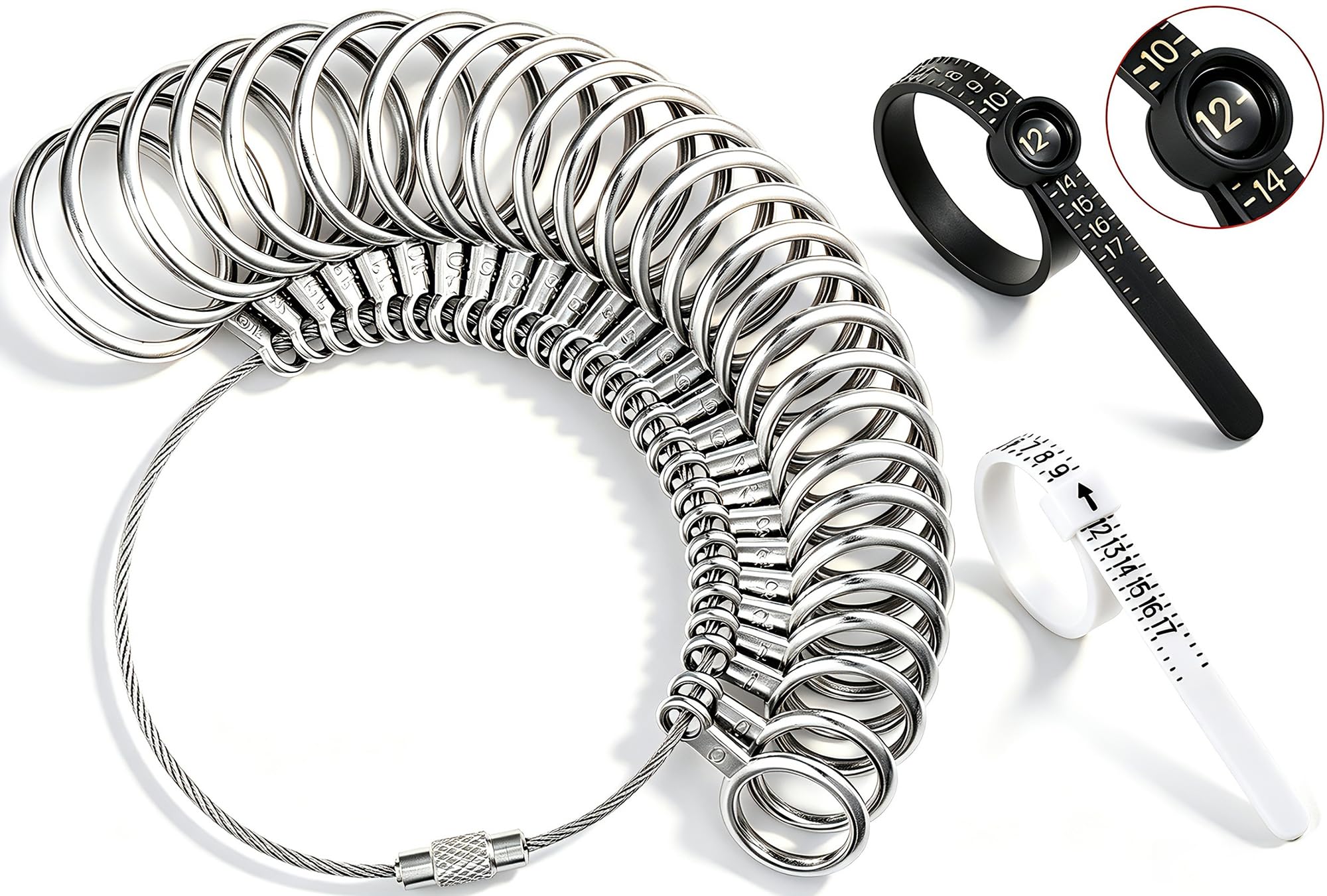 Bflaae Ring Sizer Measuring Tool Kit, 27 PCS Stainless Steel Measuring Ring Tool, US Ring Size 0-13 with Half Size, 2 PCS Reusable Finger Size Tape with Magnified Glass 1-17 USA Rings Size