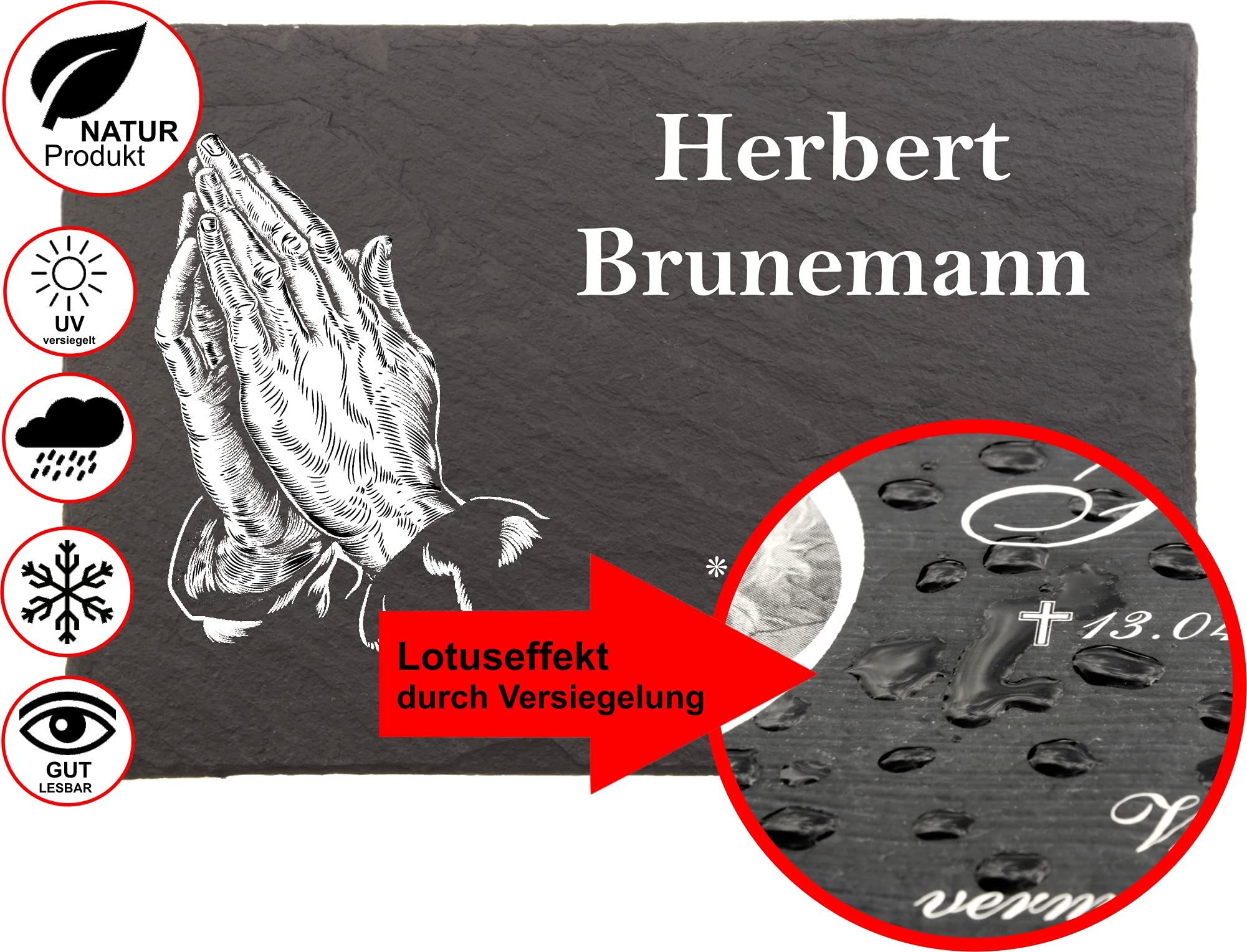 Urnengrabstein Betende Hände, Grabsteine, Grabplatten mit personalisierter Lasergravur, 30cm x 20cm 100% witterungsbeständig, Naturschieferstein