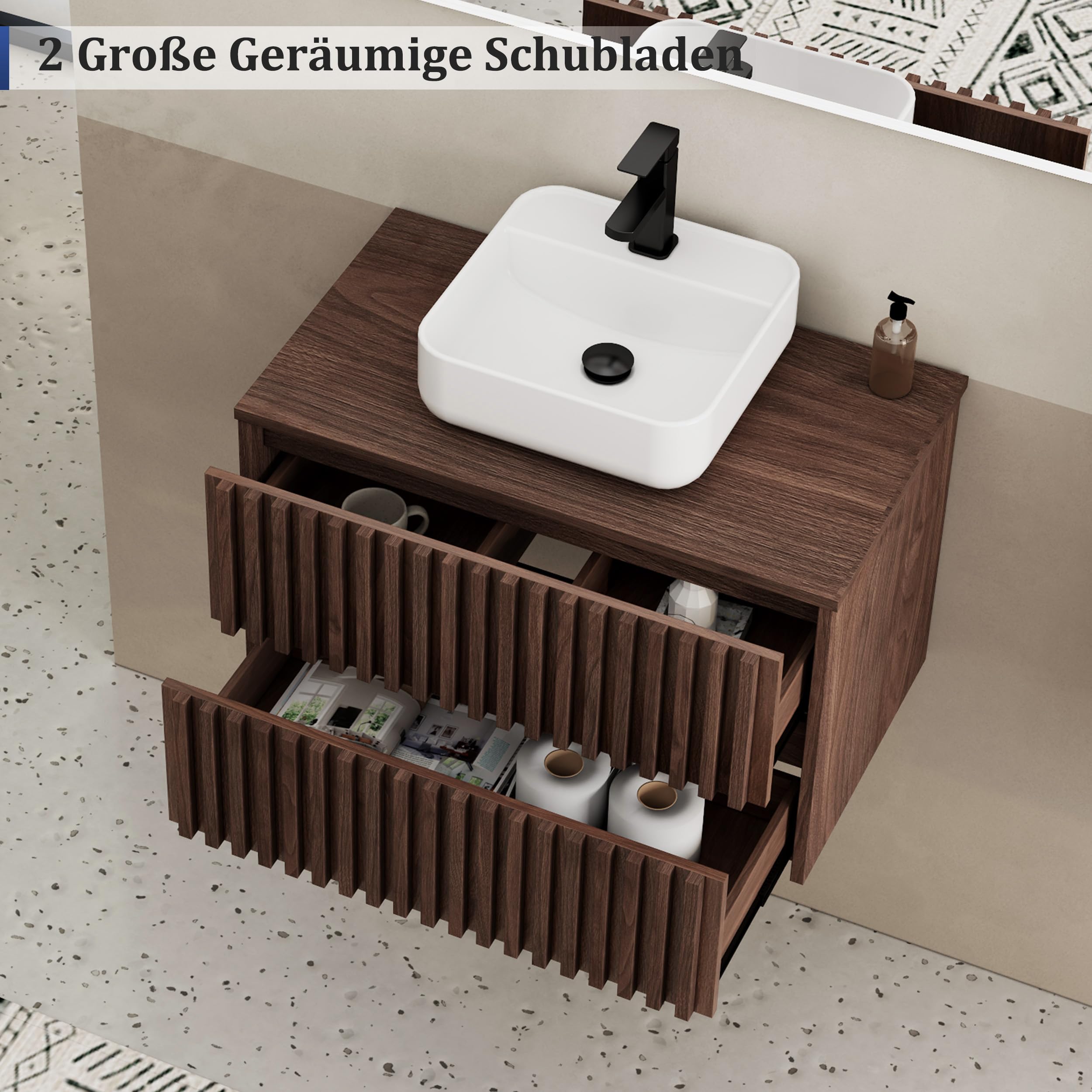 UEV Waschtisch mit Unterschrank, Waschbecken hängend 81cm, Dunkelbraun | Waschbeckenunterschrank, Badmöbel Set, Rechteckiges Keramikwaschbecken, ausreichend Stauraum Platzsparender Badezimmmer Möbel