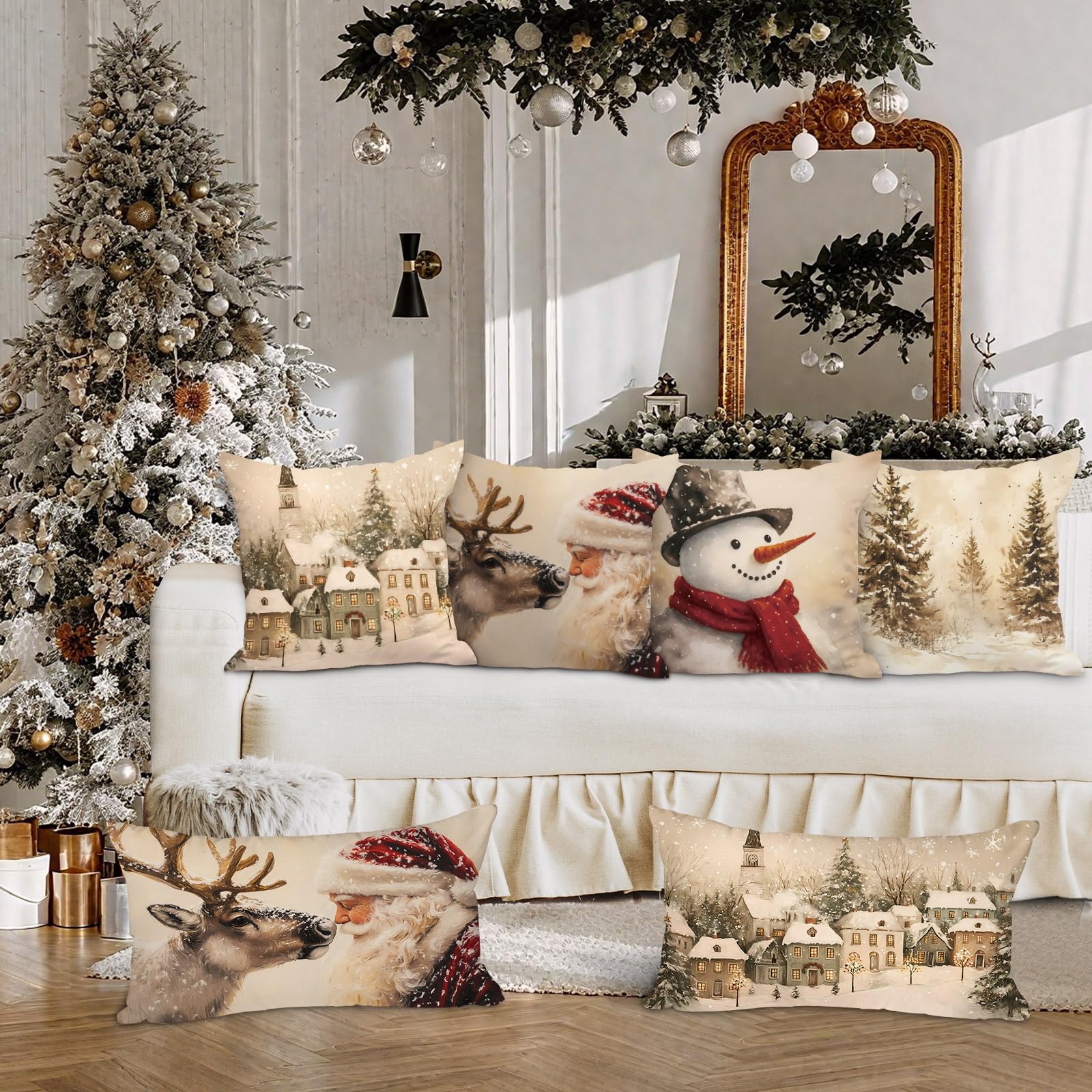Set Di 4 Federe Natalizie Rosa 45x45 Cm - Decorazioni Invernali Con Pupazzo Di Neve, Babbo Natale E Ghirlande - Tessuto Felpato Morbido, Stampa Su Entrambi I Lati, Cerniera Invisibile