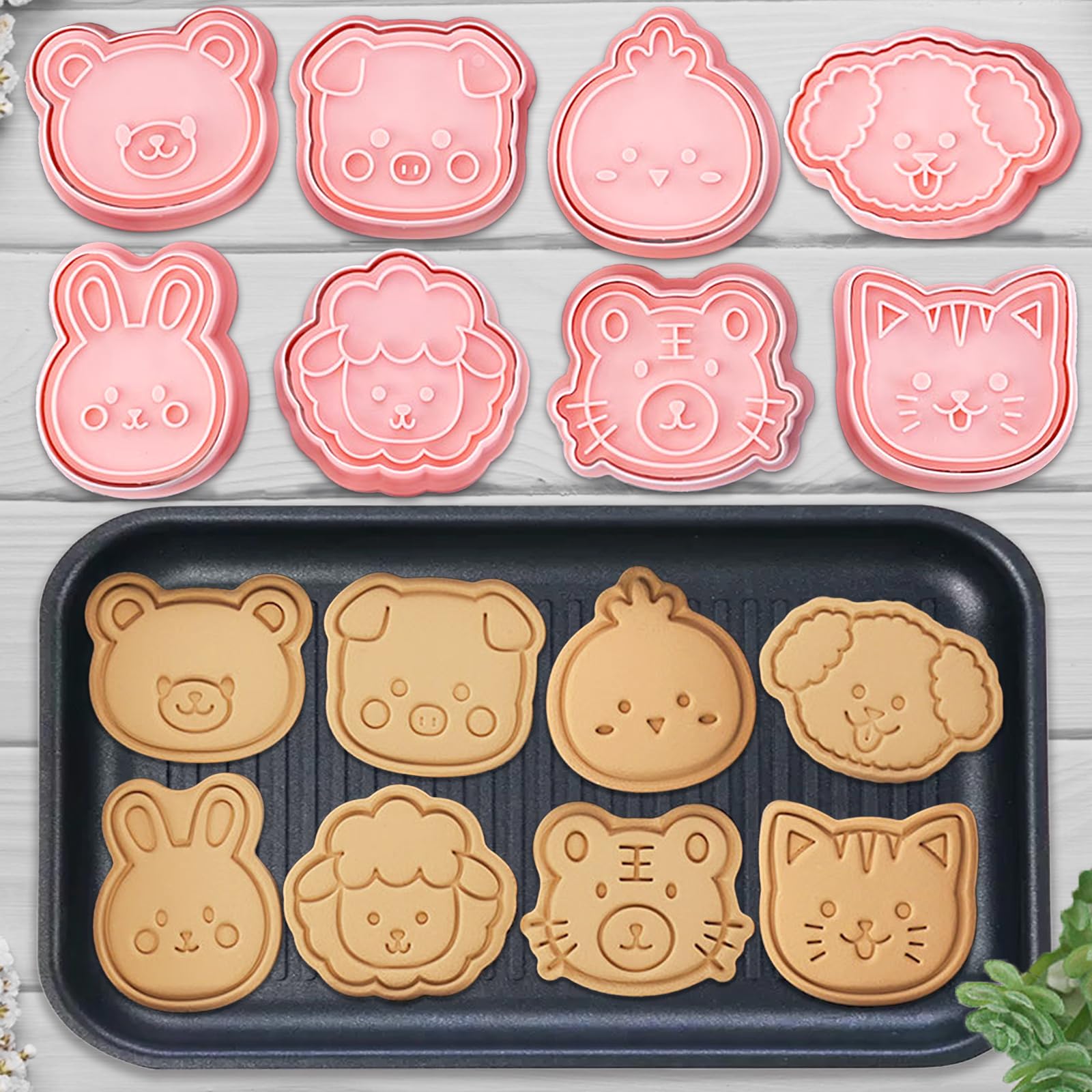 8 Mini Animal Cookie Cutters Set, 3D Raised Design Animal Embossing Stamps, Bear, Pig, Chicken, Dog, Rabbit, Sheep, Tiger, Cat, Baking Molds (Forest-4)
