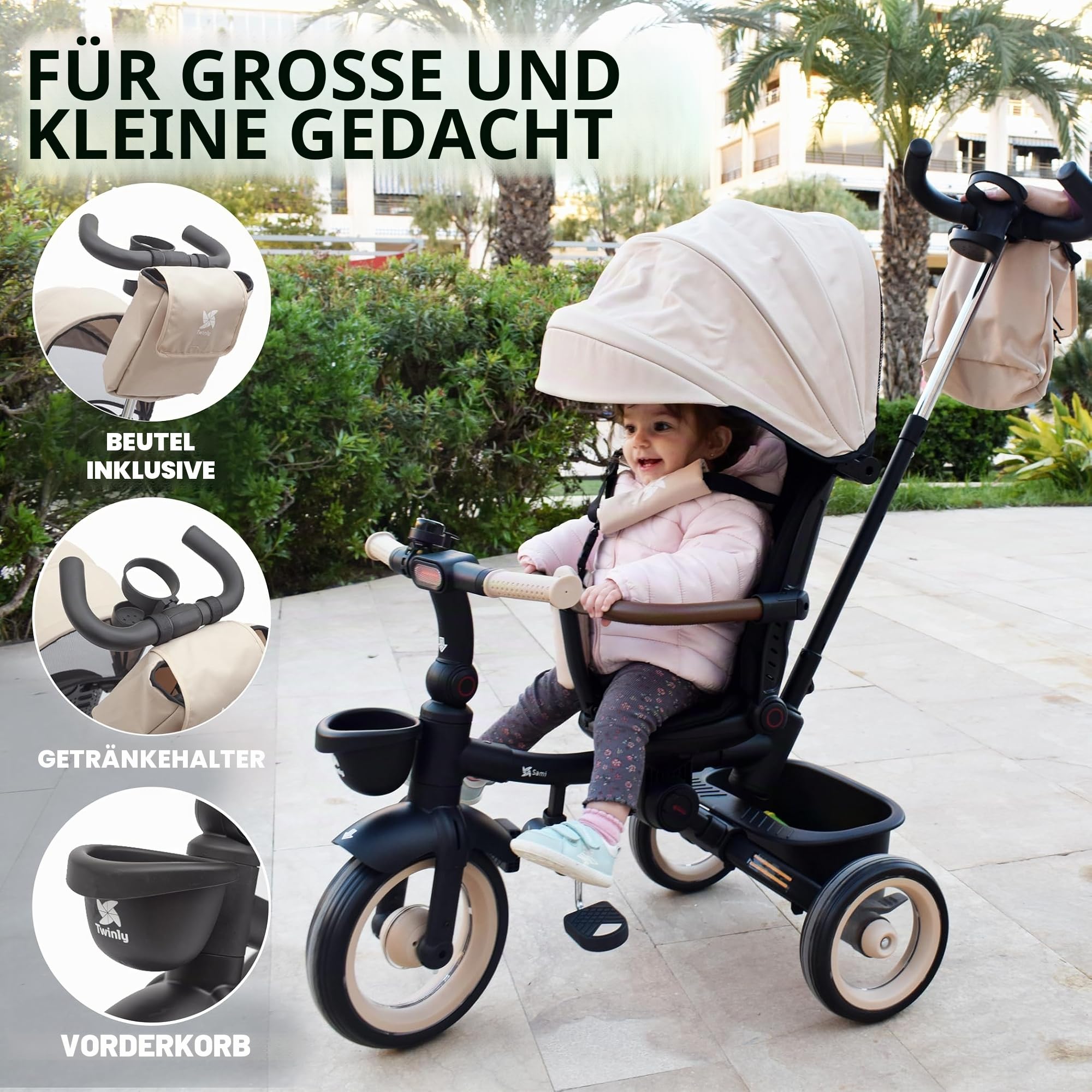 Twinly SAMI Dreirad ab 1 Jahr mit Schubstange – Mitwachsendes & Faltbares Kinderdreirad bis 5 Jahre, Drehbarer Sitz, Liegefunktion, Sonnendach UPF50+, Freilauf & Sicherheitsgurt – Dark Green