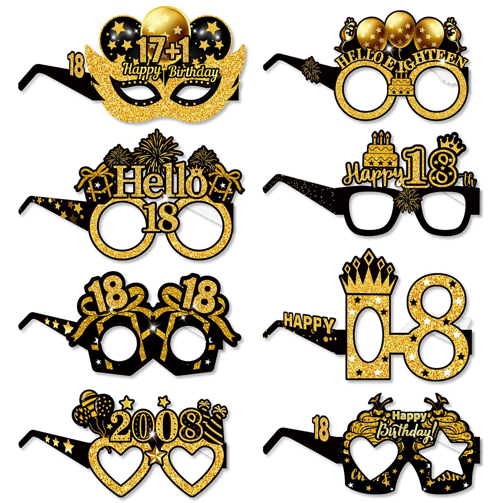 8Pcs 18th Paper Birthday Glasses, Black Gold 3D Paper Glasses, Novelty Birthday Party Glasses for 18th Birthday Party Decoration Supplies, 18th Birthday Decorations for Men Women Cheers