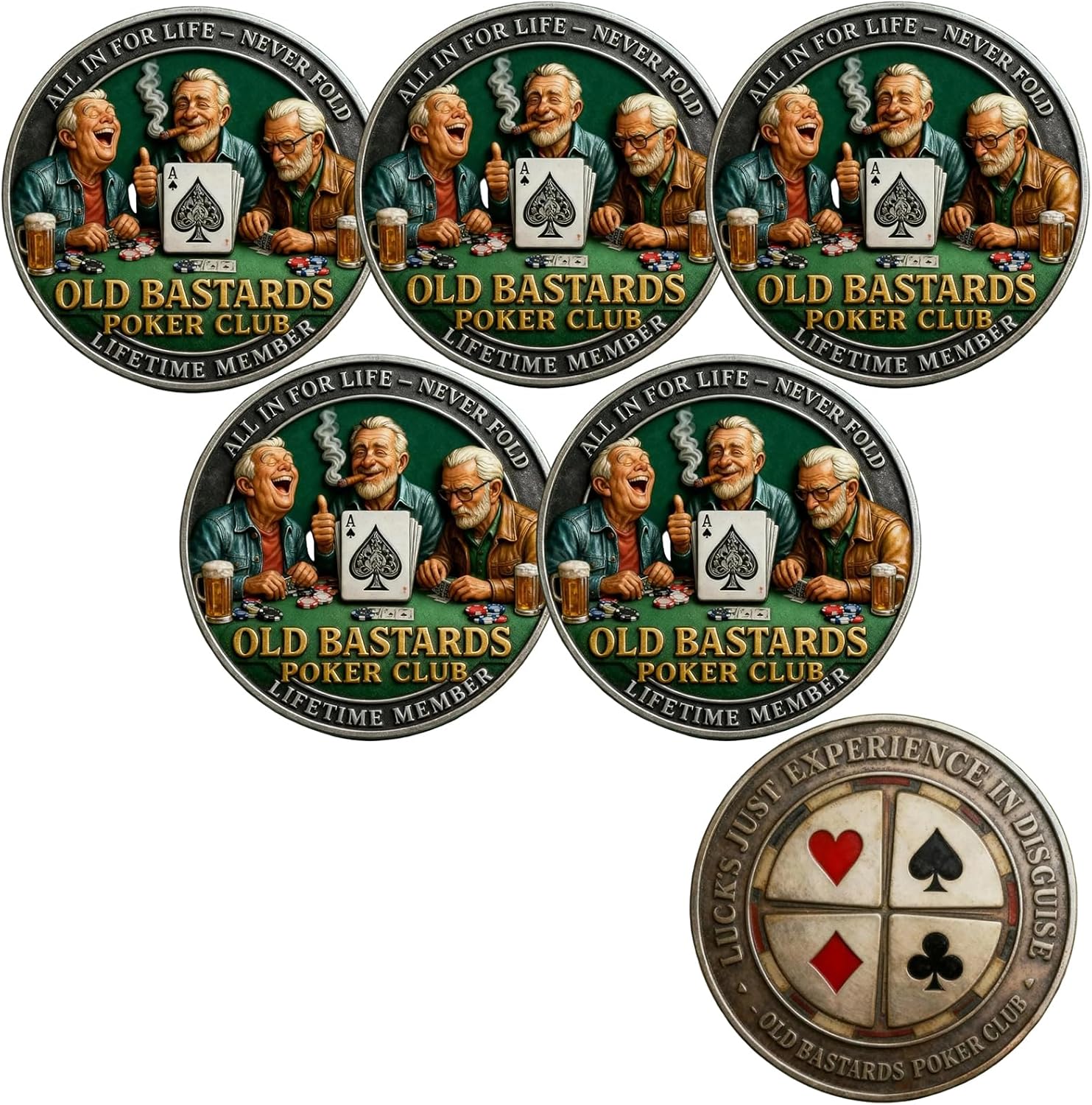 Old Bastards Poker Club – Challenge Coin, Funny Old Fucker Club Poker Coin, Double Design Unique Collectible Coin for Men, Husband, Dad (B-5PCS)