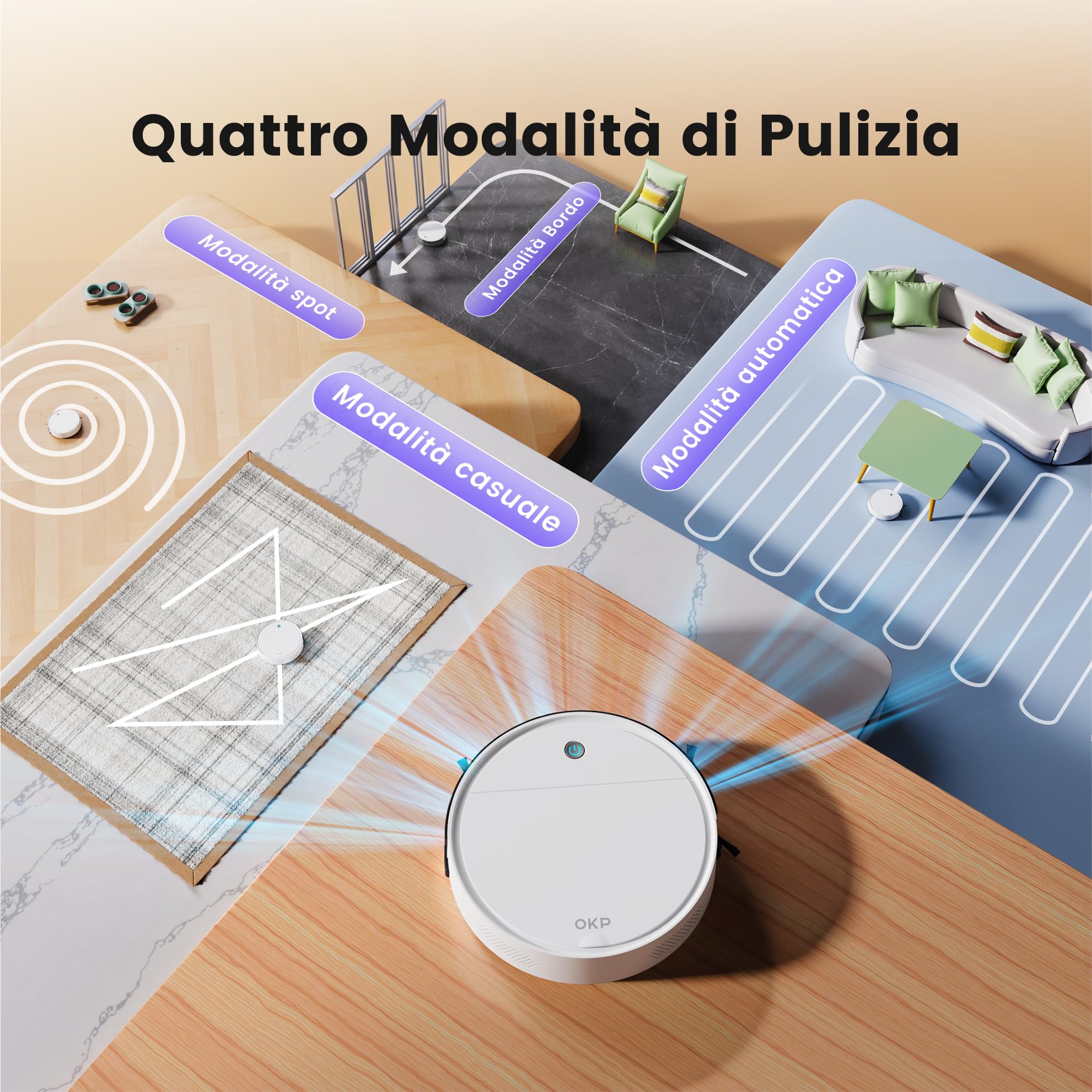 OKP K5 Robot Aspirapolvere, 2500Pa, 120 Minuti, WiFi/App, Sistema di Filtrazione Efficiente, Auto-Ricarica, Design Sottile, Silenzioso, Perfetto per Pavimenti Duri, Peli di Animali, Tappeti