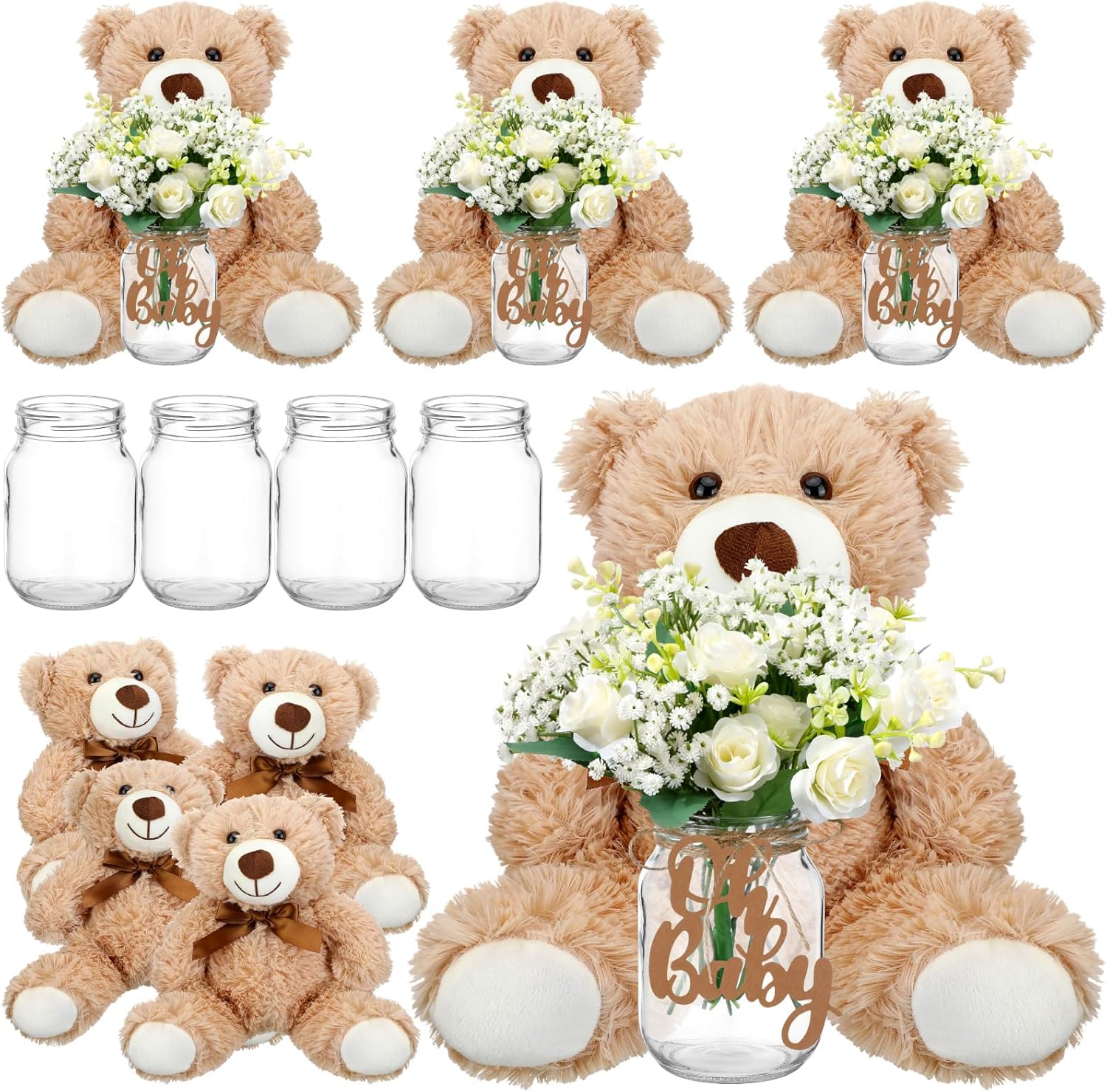 Sliner 37 Pcs Bear Baby Shower Decorations Baby Shower Table Centerpieces with Mason Jars Bears Centerpieces Roses Bouquet Tags Burlap Rope for Gender Reveal Party Decoration