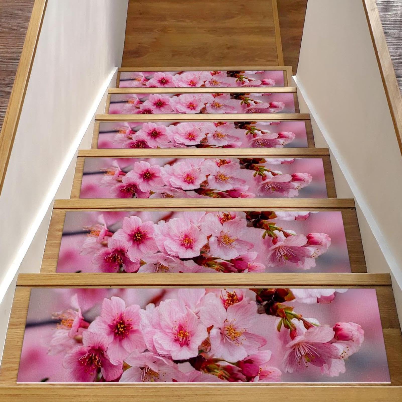 Tapis d'escalier antidérapants marches bois intérieur 20,3x76,2 cm fleurs rose