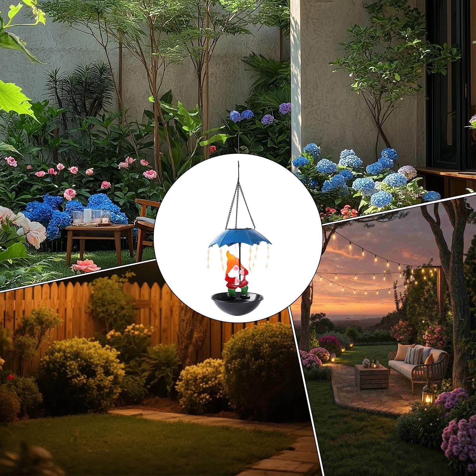 Mangiatoia per uccelli in metallo con luce solare, design a ombrello da giardino per cortile, prato, vialetto, balcone e albero, perfetta per il cibo per uccelli e per attirare uccelli selvatici