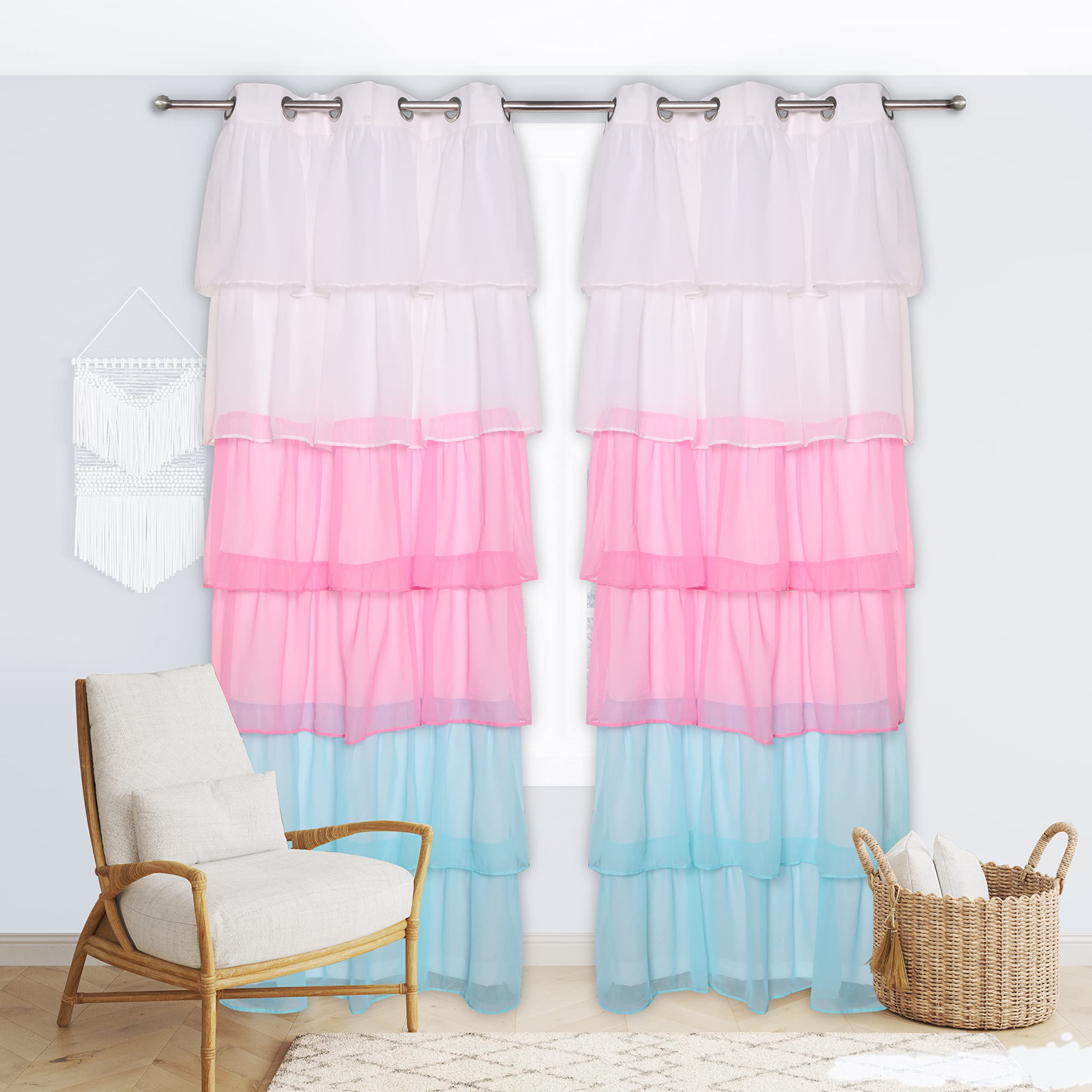Sapphire Home 2 Pannelli Tende A Cascata, Pink Ruffle, In Voile, Verticali Lunghezza 84 Pollici, Colore Nero