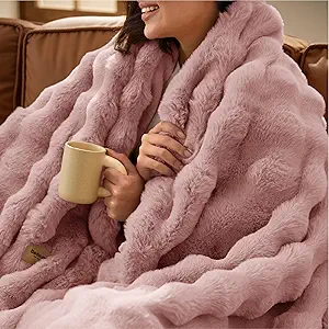 Bedsure GentleSoft Fluffy Faux Fur Blanket Twin Size, Fuzzy Soft Bubble Blanket for Couch, Home Decor Gifts for Bedroom Living Room, Thick Furry Cozy Gifts for Women, Dusty Rose, 60x80 Inch