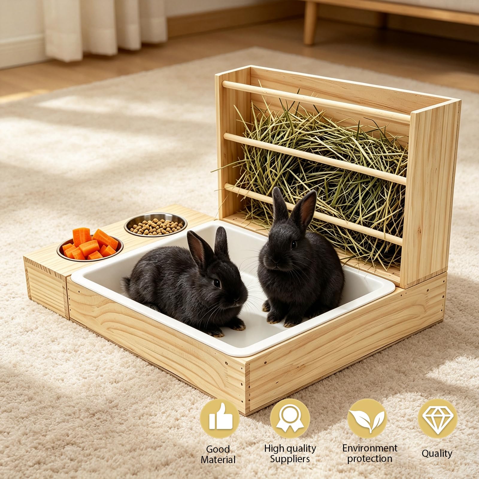 Râteau à foin 3 en 1 pour lapin avec litière et gamelles de nourriture, distributeur de nourriture en bois, mangeoire pour petits animaux avec distributeur de foin pour cochons d'Inde, hamsters et