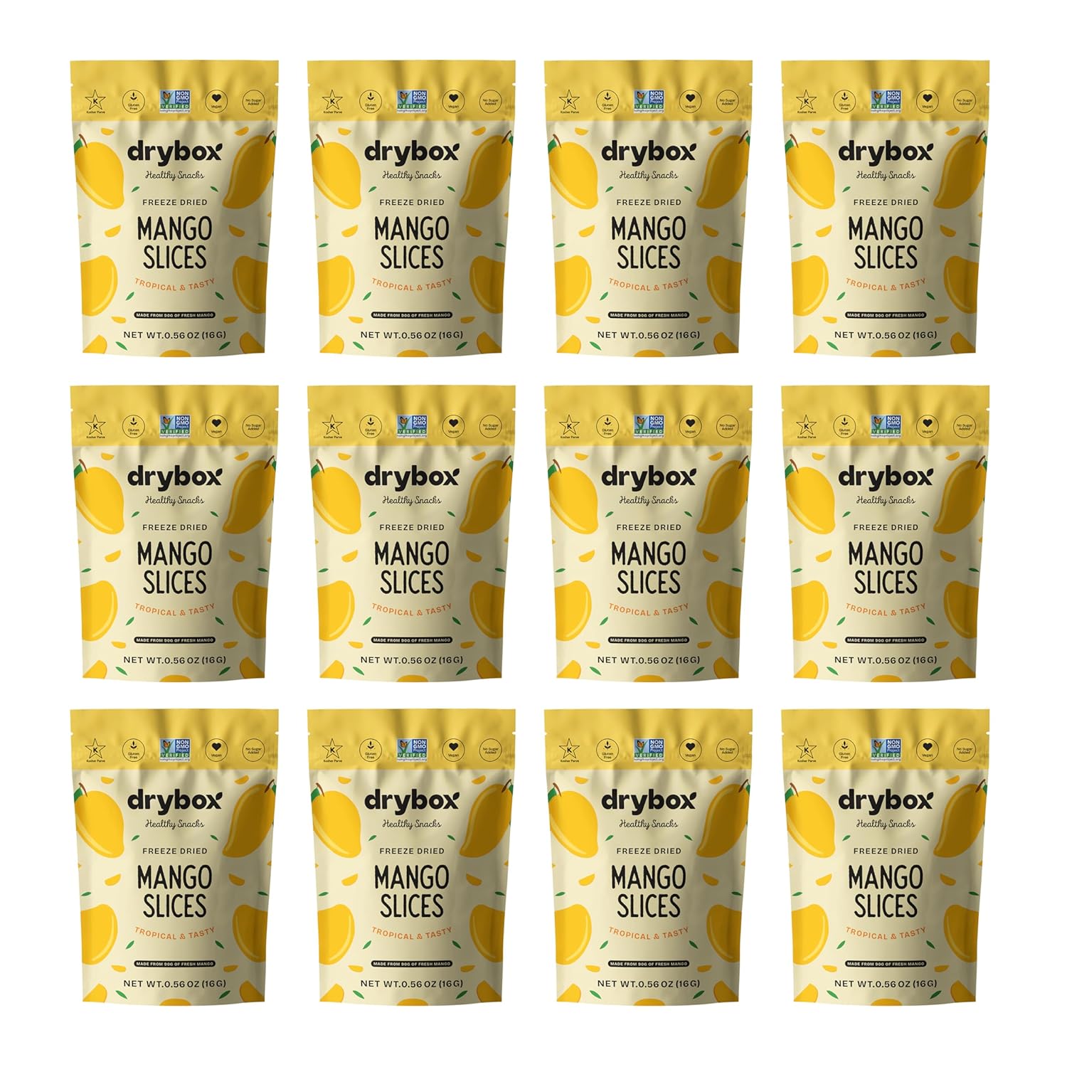 Drybox Freeze Dried Mangos Sliced | 100% Natural Fruit | Freeze Dried Mango Source | No Sugar & Additives | Healthy Snack & Topping for Beverages or Recipes | Non-GMO, Vegan, Gluten Free, 0.56 oz 12 pack