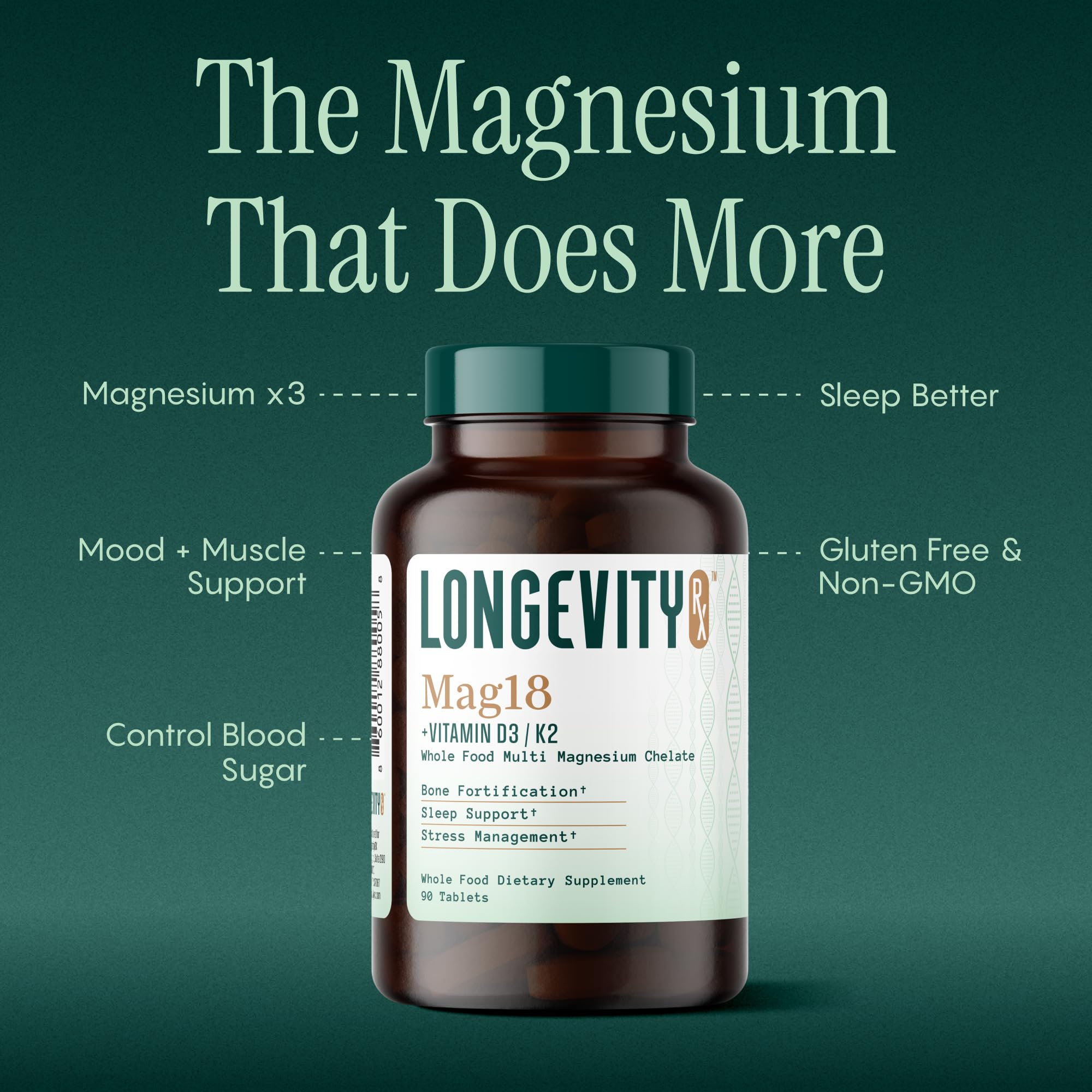 Longevity Rx Mag18 Peptide-Bound Magnesium Complex with D3 & K2, Bone & Muscle Support, Mental Clarity, Sleep Aid thumbnail 2
