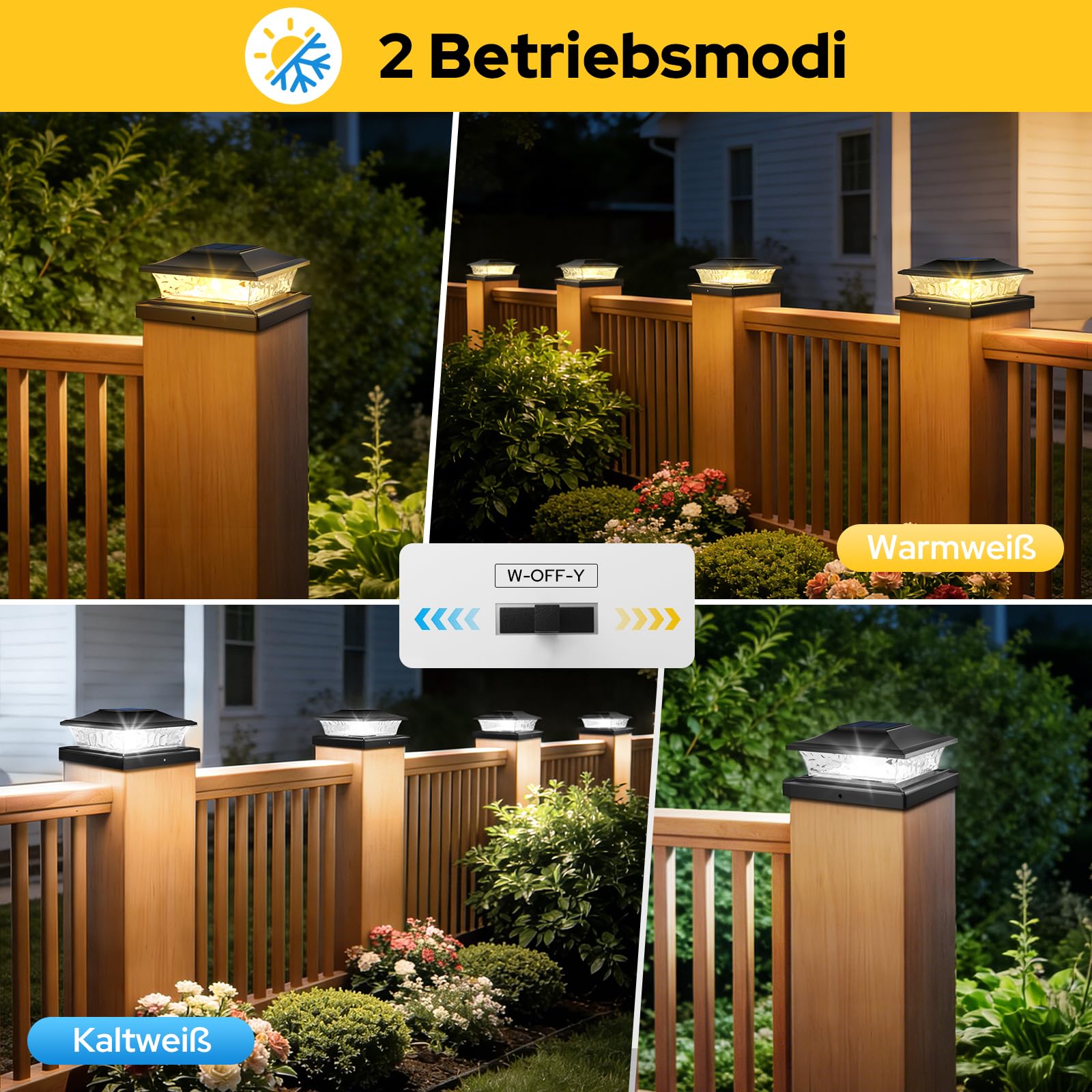 NIORSUN Solar Pfostenleuchte 8 Stück, IP64 Wasserdicht, Warm-/Kaltweißes Licht, für 9x9 10x10 12x12 cm Holz/Vinyl Pfosten