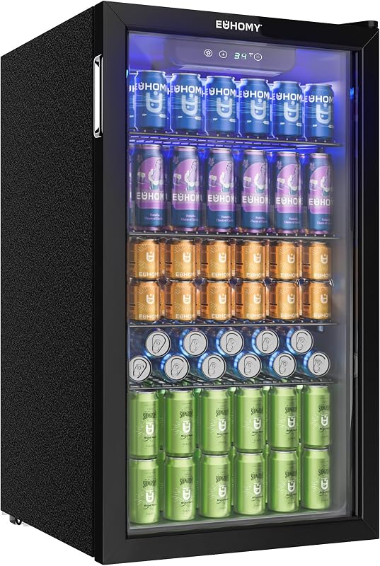 EUHOMY 90L Getränkekühlschrank, Mini-Kühlschrank für 126 Dosen mit Glastür, kleiner Kühlschrank mit verstellbaren Regalen für Limonade, Bier oder Wein, für Zuhause/Bar/Büro, Schwarz Edelstahl