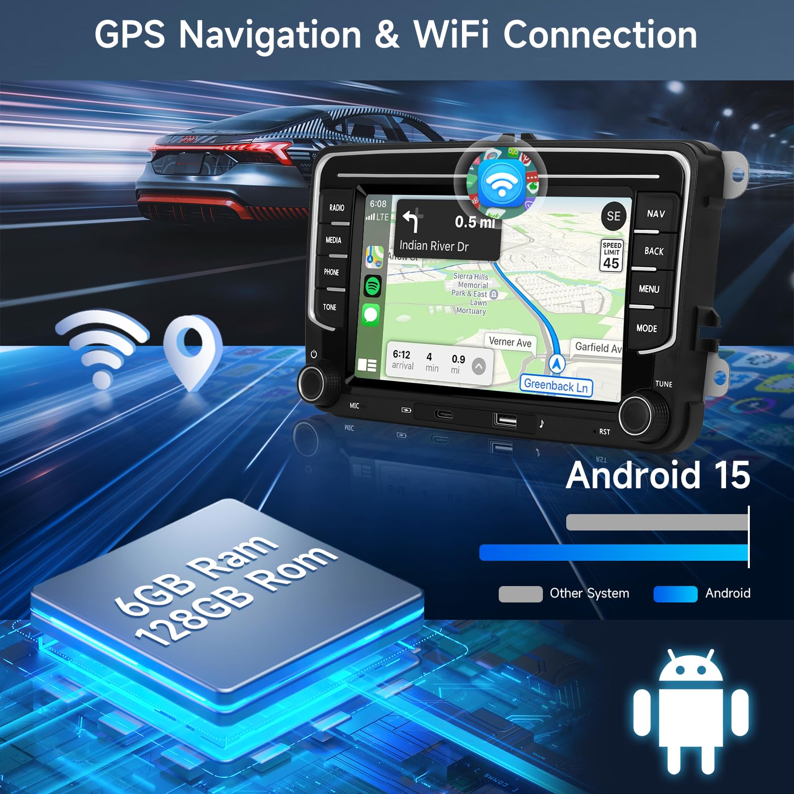 Hodozzy 6G + 128 GB 8-rdzeniowe radio samochodowe do VW Golf Passat Seat Skoda Jetta Polo Caddy Touran Tiguan T5 Android Radio z nawigacją Bluetooth, 7-calowy ekran dotykowy z systemem Carplay Android