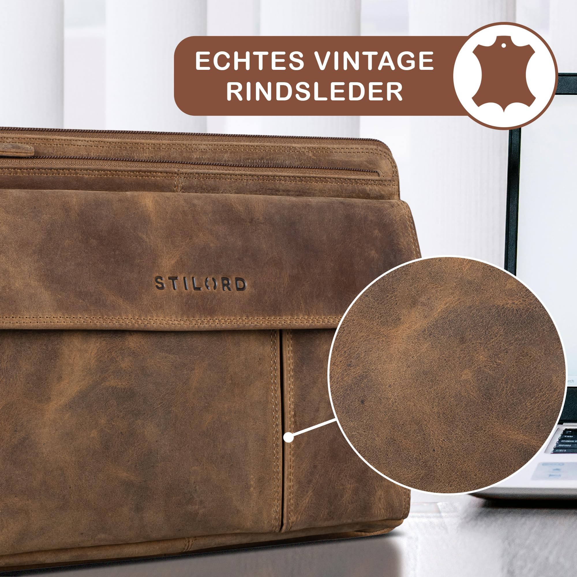 STILORD Arbeitsmappe A4 aus Leder braun - 13,3 Zoll Konferenzmappe - Vintage Dokumententasche - Aktenmappe aus Echtleder Dalton