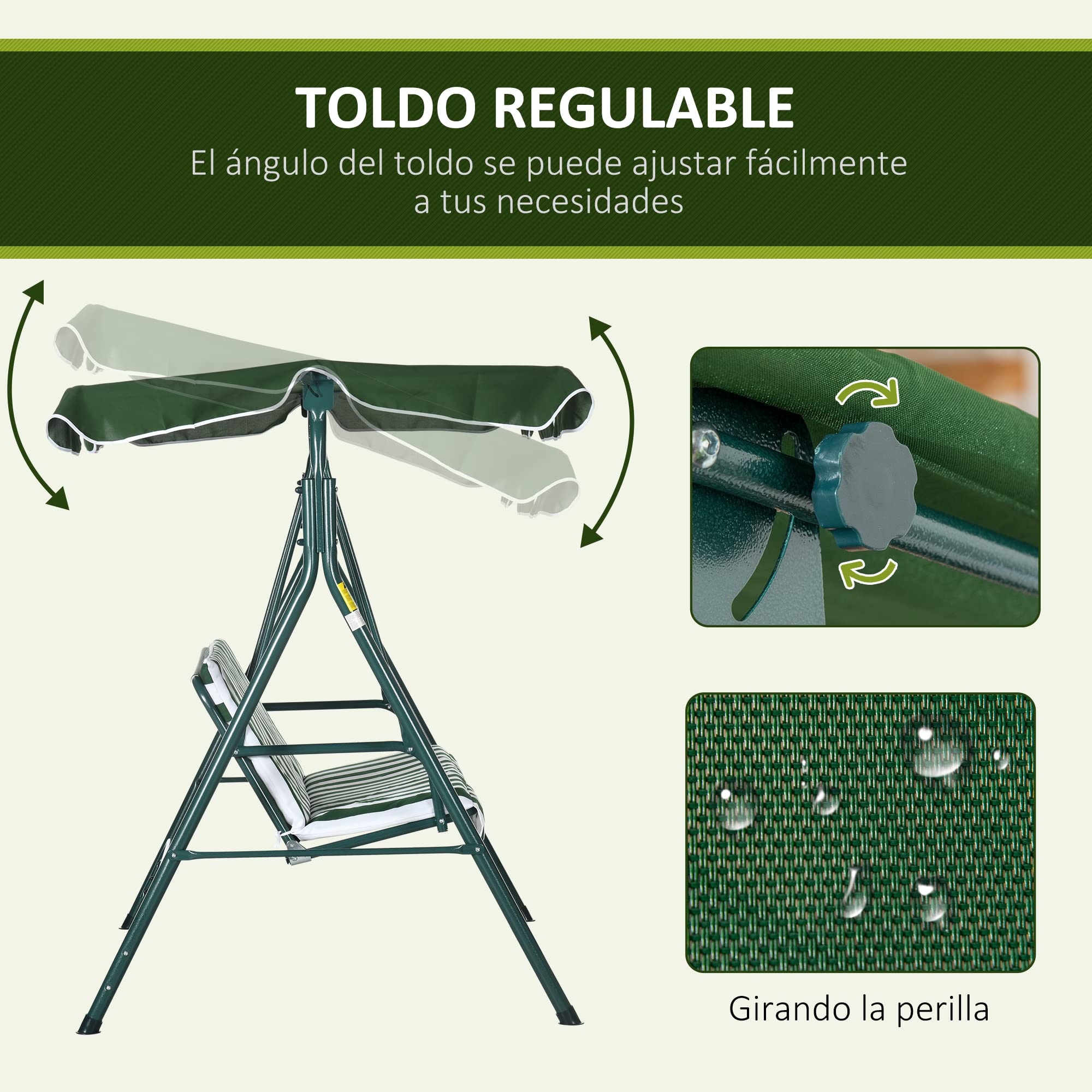 Outsunny Columpio Balancín de Jardín Exterior de 3 Plazas con Cojín Techo Ajustable y Marco de Acero para Balcón Terraza Patio Carga Máx. 300 kg 172x110x153 cm Raya Verde (84A-054V03GN)