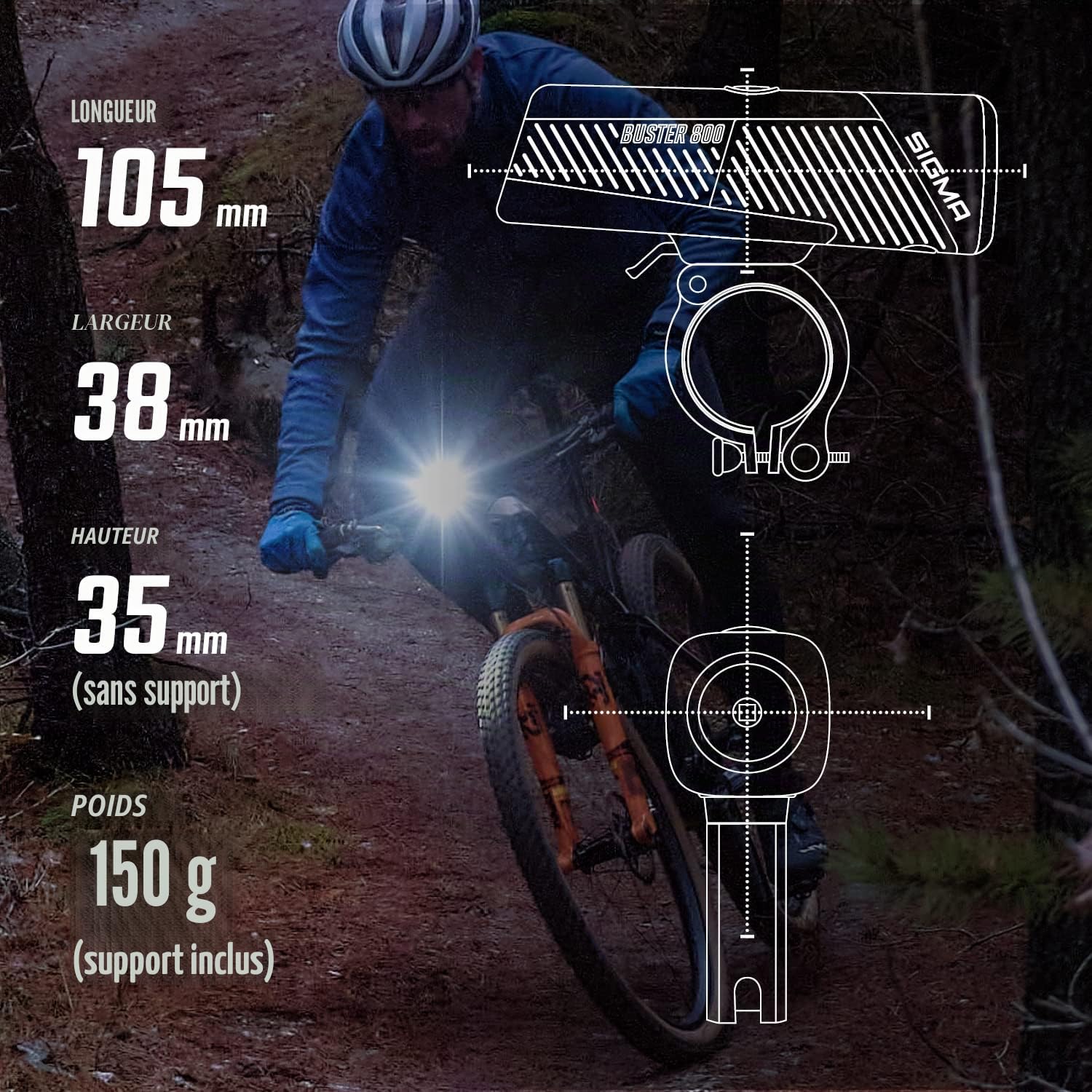 SIGMA Buster 800 | Lampe de vélo Rechargeable par USB C avec Cinq Modes d'éclairage | Lampe de vélo à LED puissante avec Une portée de 170 mètres et 30 Heures d'éclairage Maximum