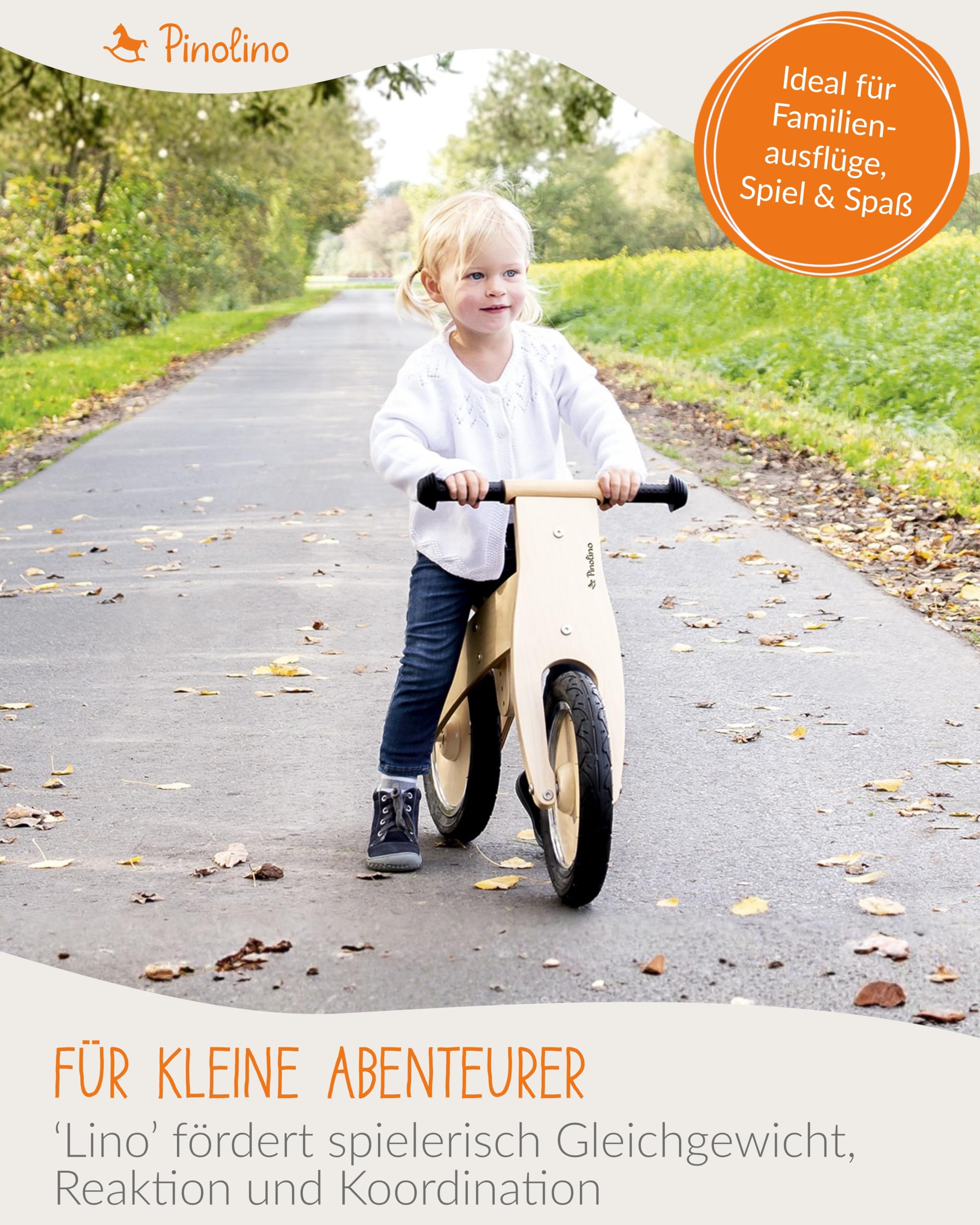 Pinolino 239471 Laufrad Lino, klar lackiert, aus Holz, unplattbare Bereifung, umbaubar vom Chopper zum Laufrad, für Kinder von 2 – 5 Jahren, 85 x 38 x 55