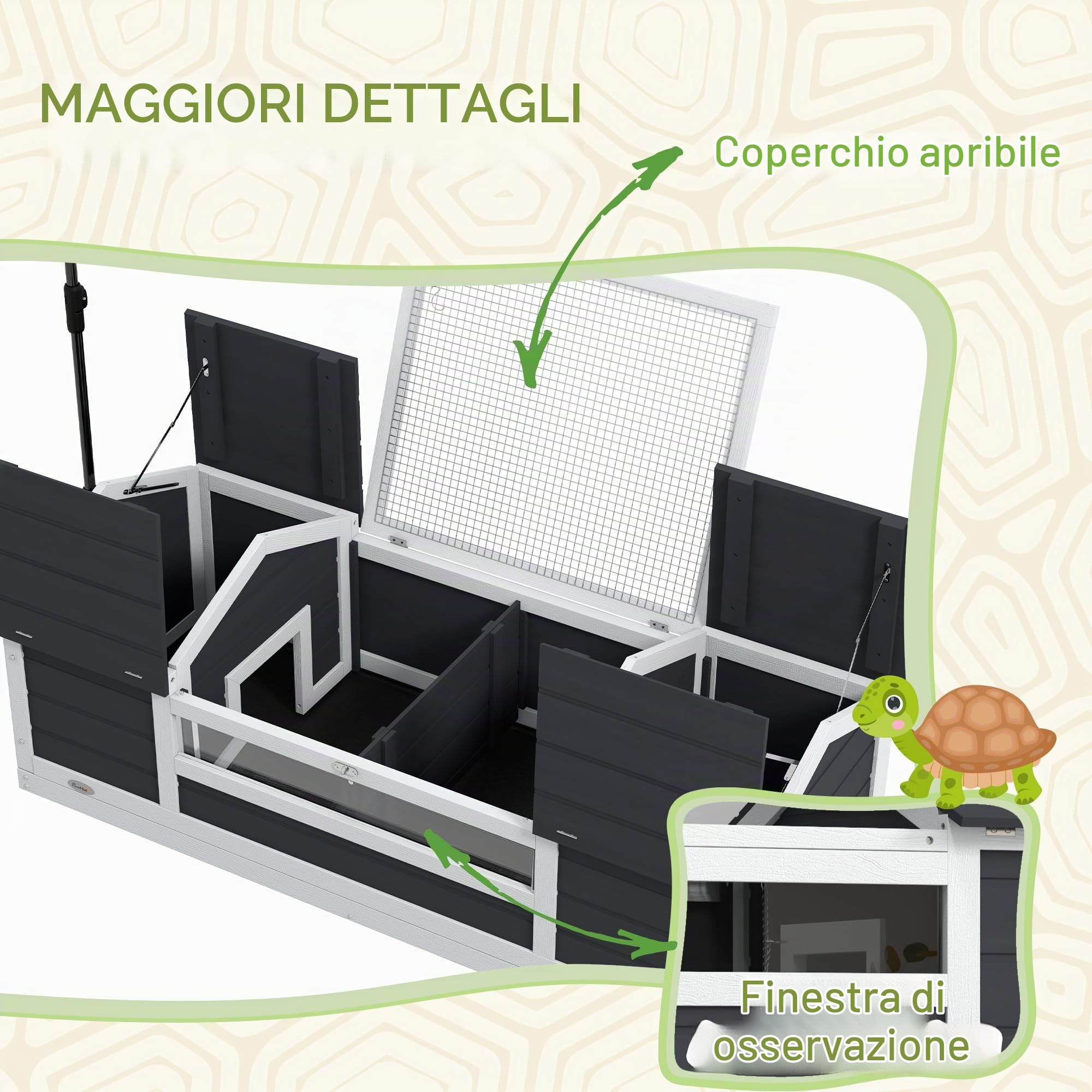 PawHut Casetta per tartarughe di terra da esterno, recinto in legno per tartarughe, 2 nicchie, portalampada regolabile, tetto apribile, gabbia per tartarughe di terra, finestra in acrilico