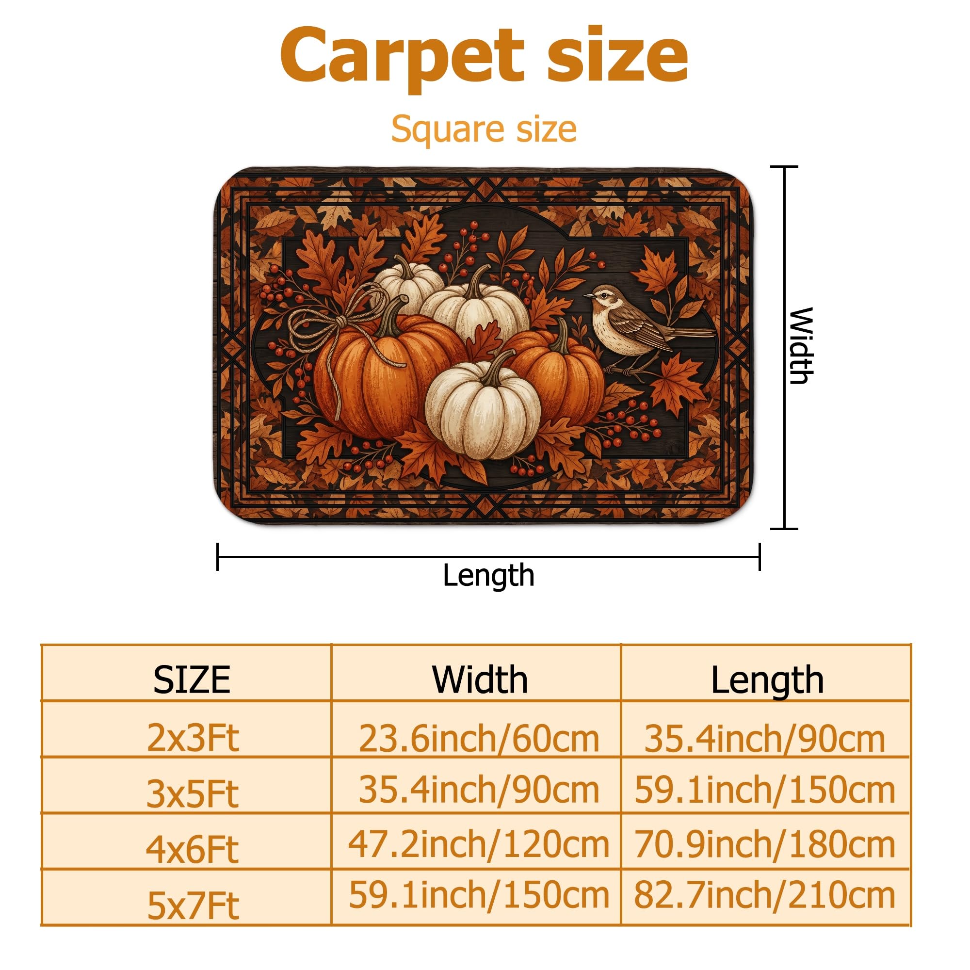 Alfombra rústica tradicional con diseño de calabazas, hojas, pájaros, otoño, naranja, antideslizante, suave, rectangular, resistente a las manchas, para sala de estar, dormitorio, aula, decoración de