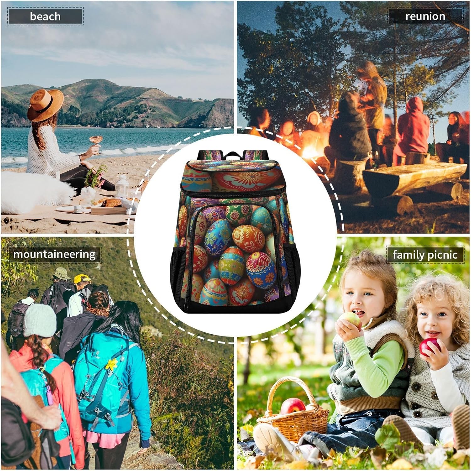 Colored Eggs Cooler Backpack 36 Cans Leakproof Waterproof Backpack Cooler Bag Beach Accessories Travel Camping Fishing Backpack for Women Men