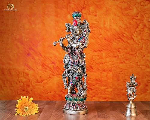 Miniatura 2 de Estatua de Lord Krishna de 15 pulgadas de latón turquesa N coral piedra preciosa decorativa Krishna Moorti tocando flauta hindú Dios del amor