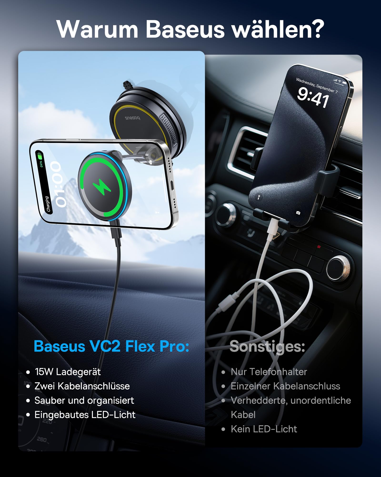Baseus VC2 Flex Pro 15W Handyhalterung Auto für Magsafe mit Ladefunktion, Magnet Autohalterung kfz Ladegerät für Armaturenbrett, Wireless Car Charger für iPhone 17,16,15,14,13,12 Pro Max