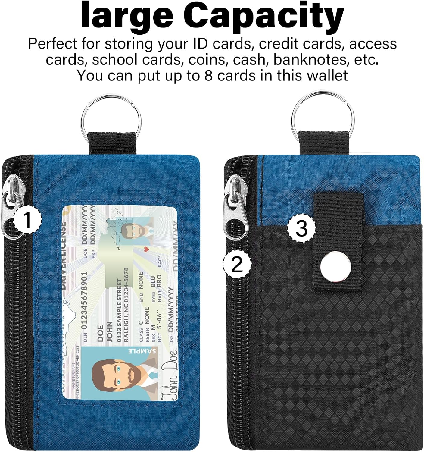 Minimalist Small Wallet for Men Women with 2 Zip Pockets, Multi Functional ID Case with Keychain and Card Holder, Coin Purse Badge Lanyard Pouch for Boys Girls Travel -Black+Blue image 2