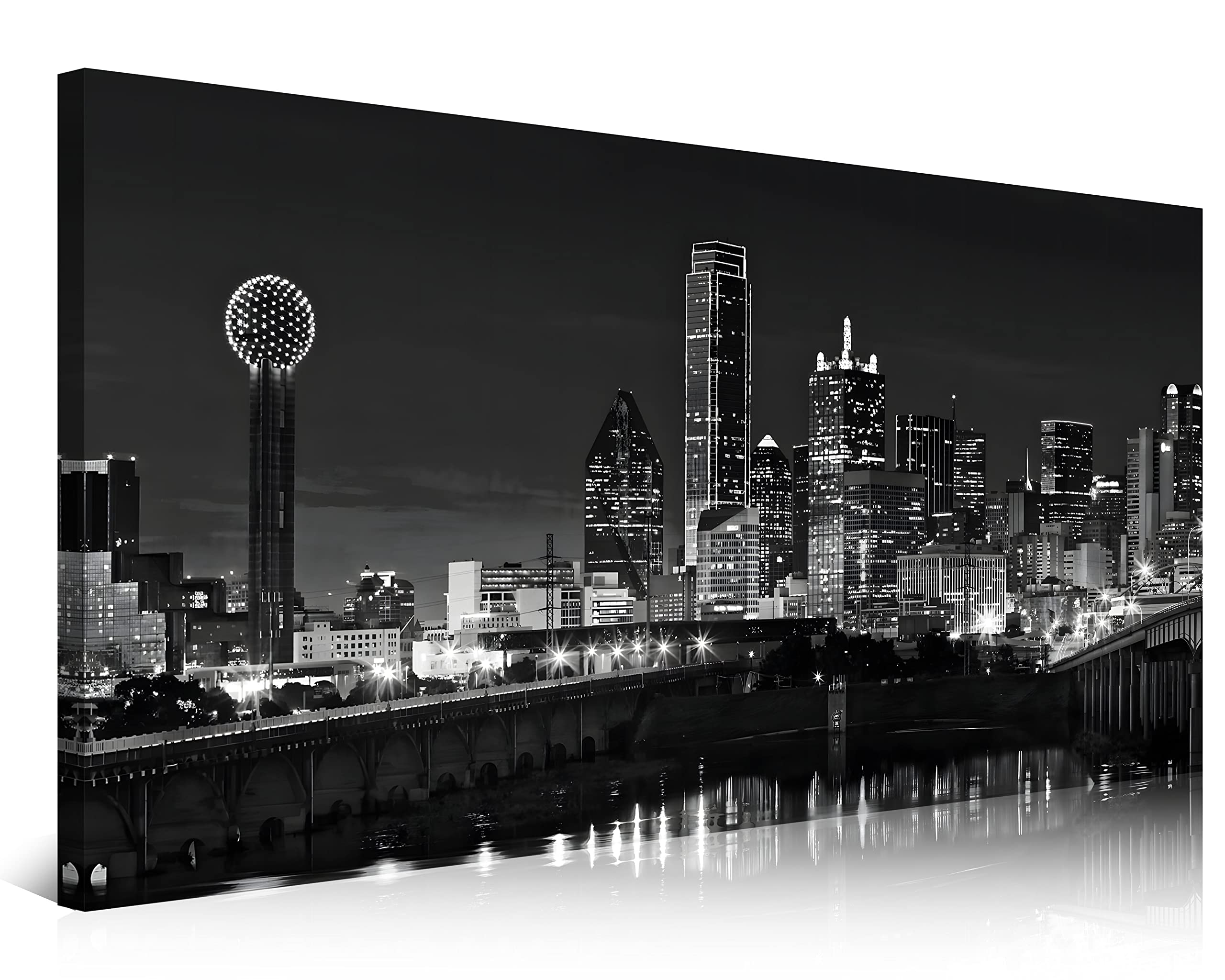 NAN Wind 1 Pcs Dallas Skyline Canvas Wall Art Black White Cityscape Night Scene Modern City Giclee Prints on Canvas Framed Urban Home Decor