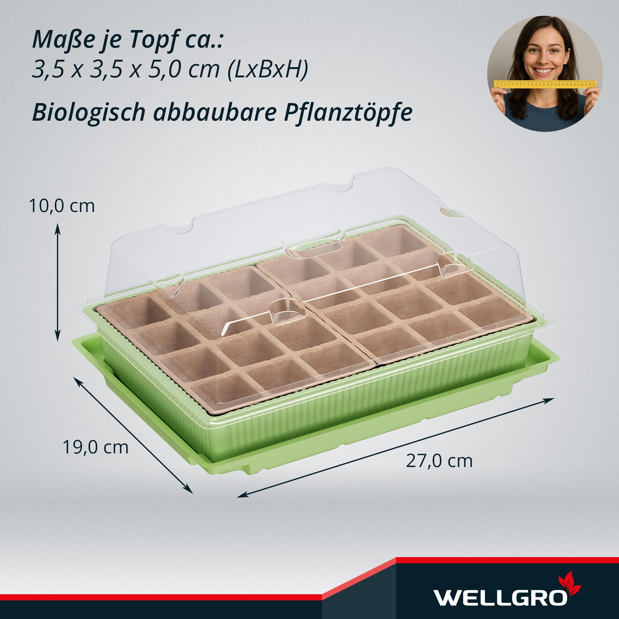 WELLGRO Mini szklarnia na 24 rośliny, ok. 27 x 19 x 10 cm (dł. x szer. x wys.), zielona/przezroczysta, tworzywo sztuczne/celuloza, ilość do wyboru, liczba sztuk: 2 sztuki
