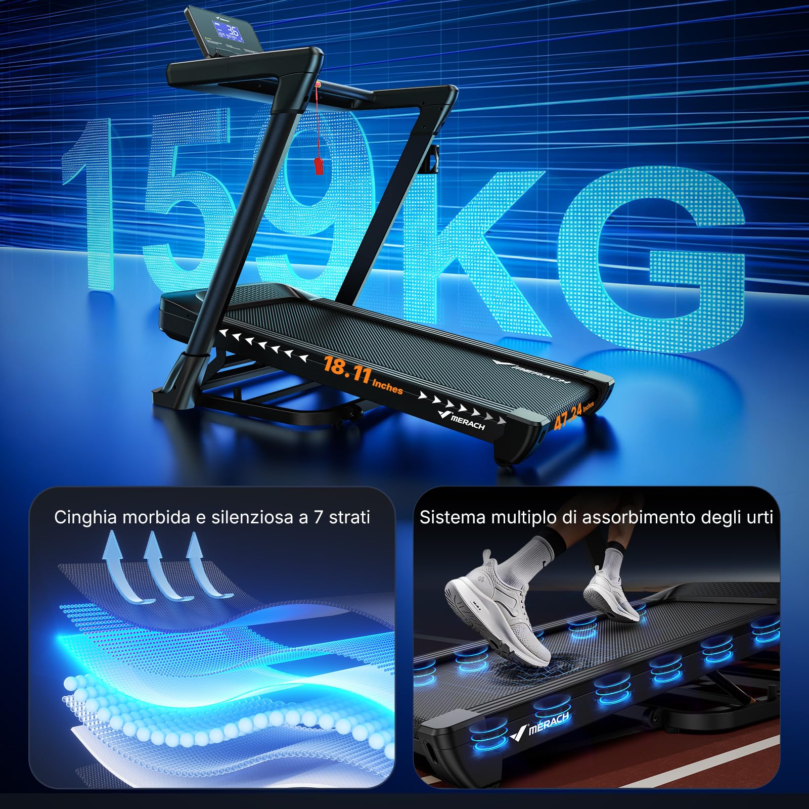 MERACH Tapis roulant per casa con pendenza, 18% di inclinazione automatica, 1-14 km/h, tapis roulant pieghevole, 3,5 HP Walking Pad, Treadmill for Home Max 159 kg, 46 x 120 cm, tapis roulant APP con