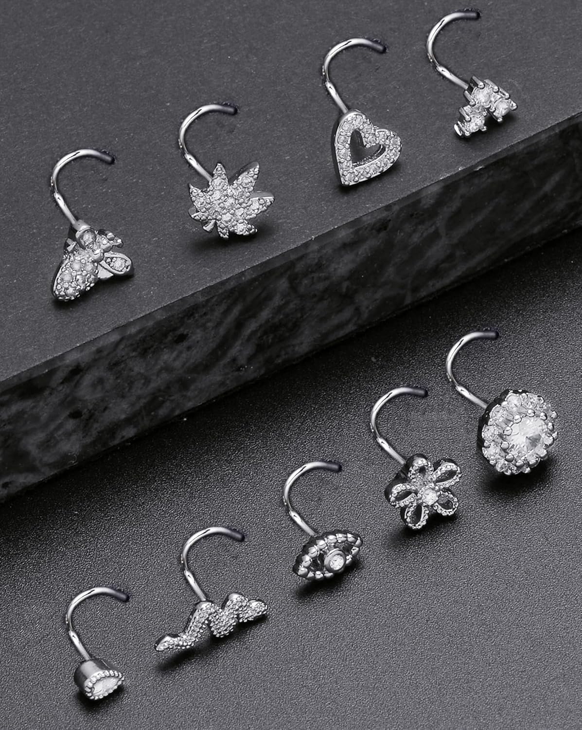 Tornito 16Pcs Nose Stud Rings L Screw Shaped Nose Ring Flower Snake Butterfly Heart Eye CZ Dangle Nose Rings Stud Body Piercing Jewelry for Women Men 20G Silver Pink Tone - Image 5