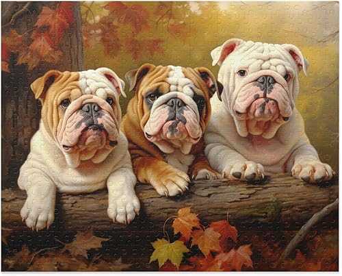 Miniatura 1 de Rompecabezas de 500 piezas para adultos  Bulldogs ingleses en Autumn Park  Rompecabezas de madera, rompecabezas de animales para jóvenes y niños,